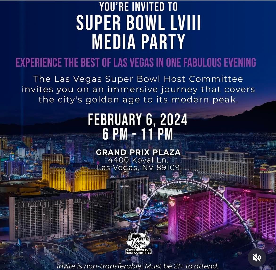 Super Bowl LVIII Media Party invitation featuring Las Vegas nighttime skyline and event details.