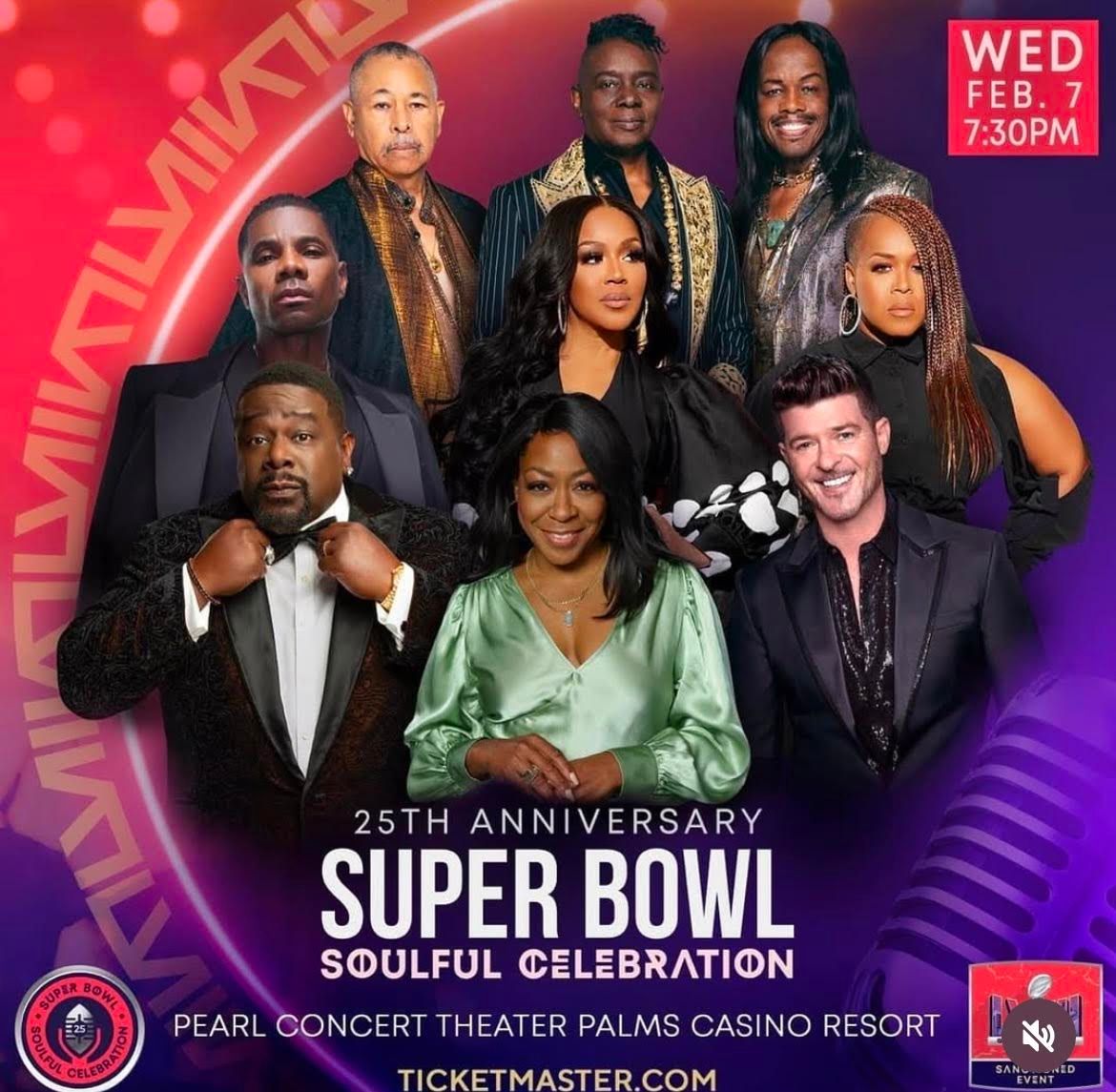 25th Anniversary Super Bowl Soulful Celebration concert poster with performers on red gradient background.