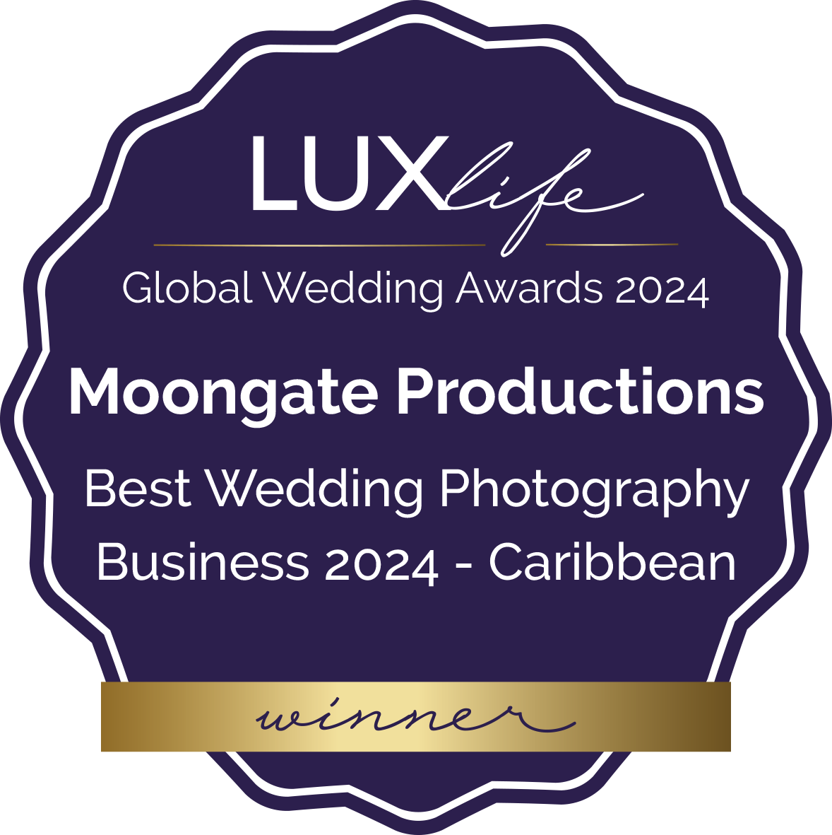 Purple and gold LuxLife award badge for Best Caribbean Wedding Photography 2024.
