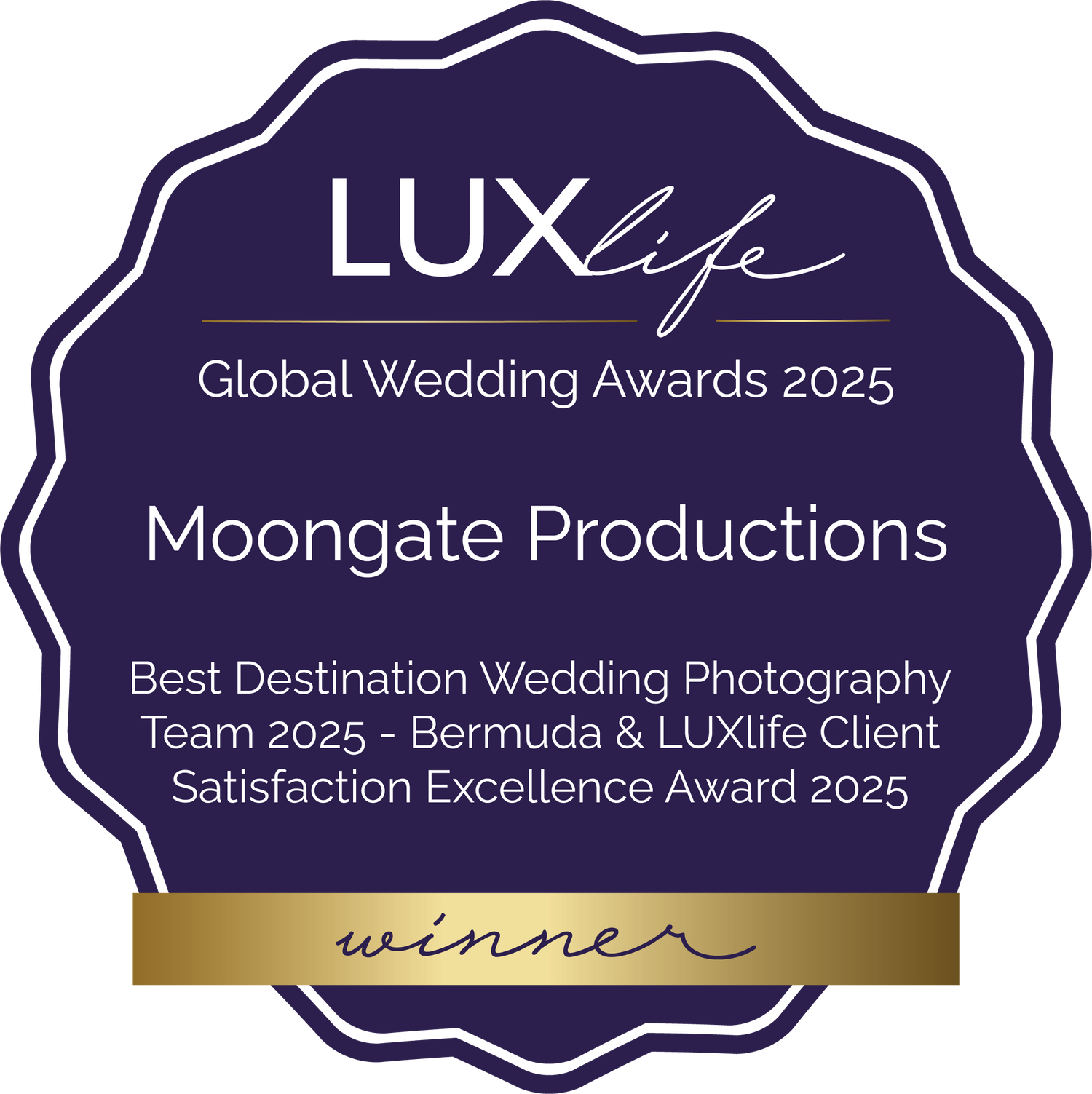 A purple and gold circular badge for LUXlife Global Wedding Awards 2025 announcing Moongate Productions as winner.