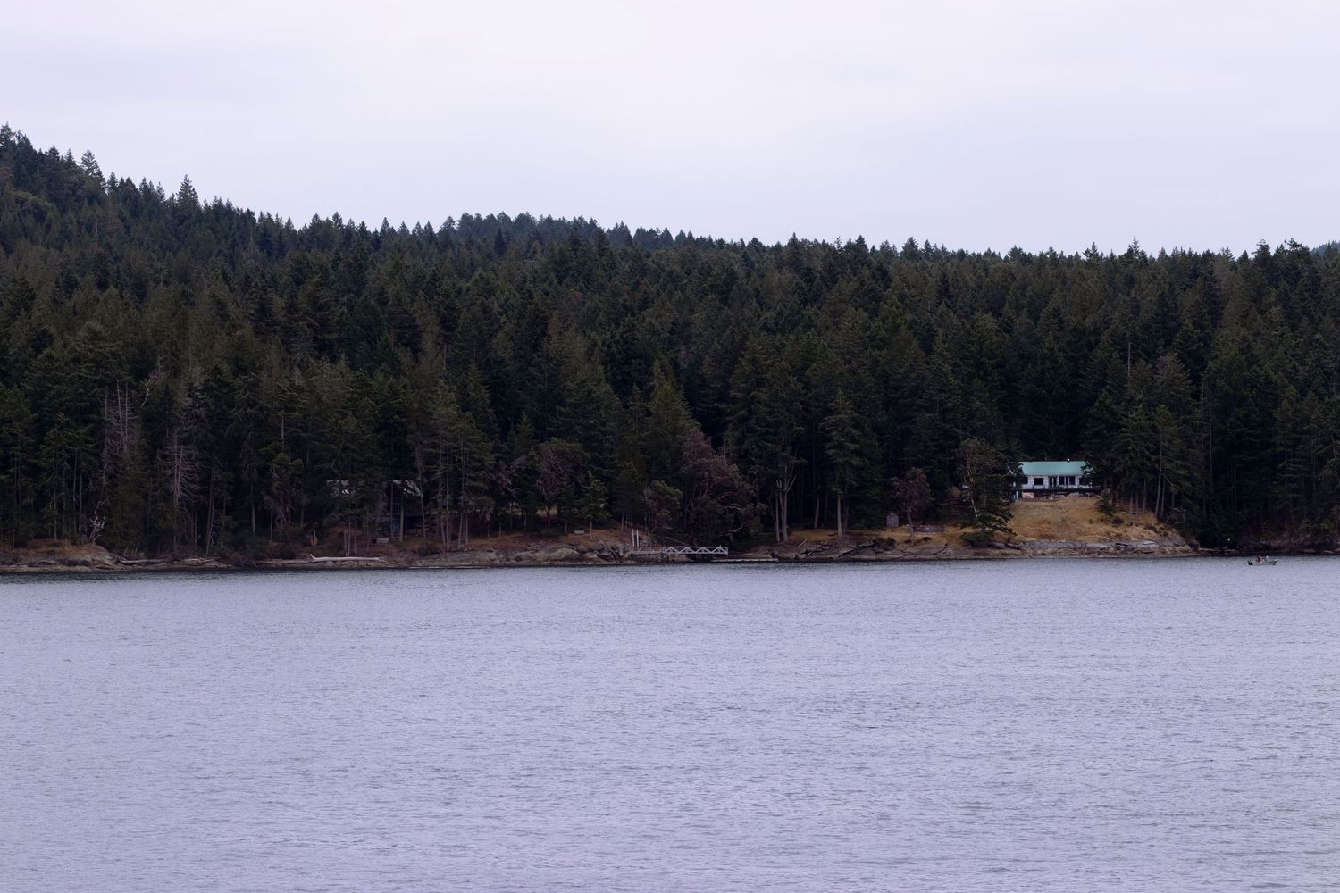 A small blue cabin perches on a forested shoreline overlooking a serene lake surrounded by evergreen trees.