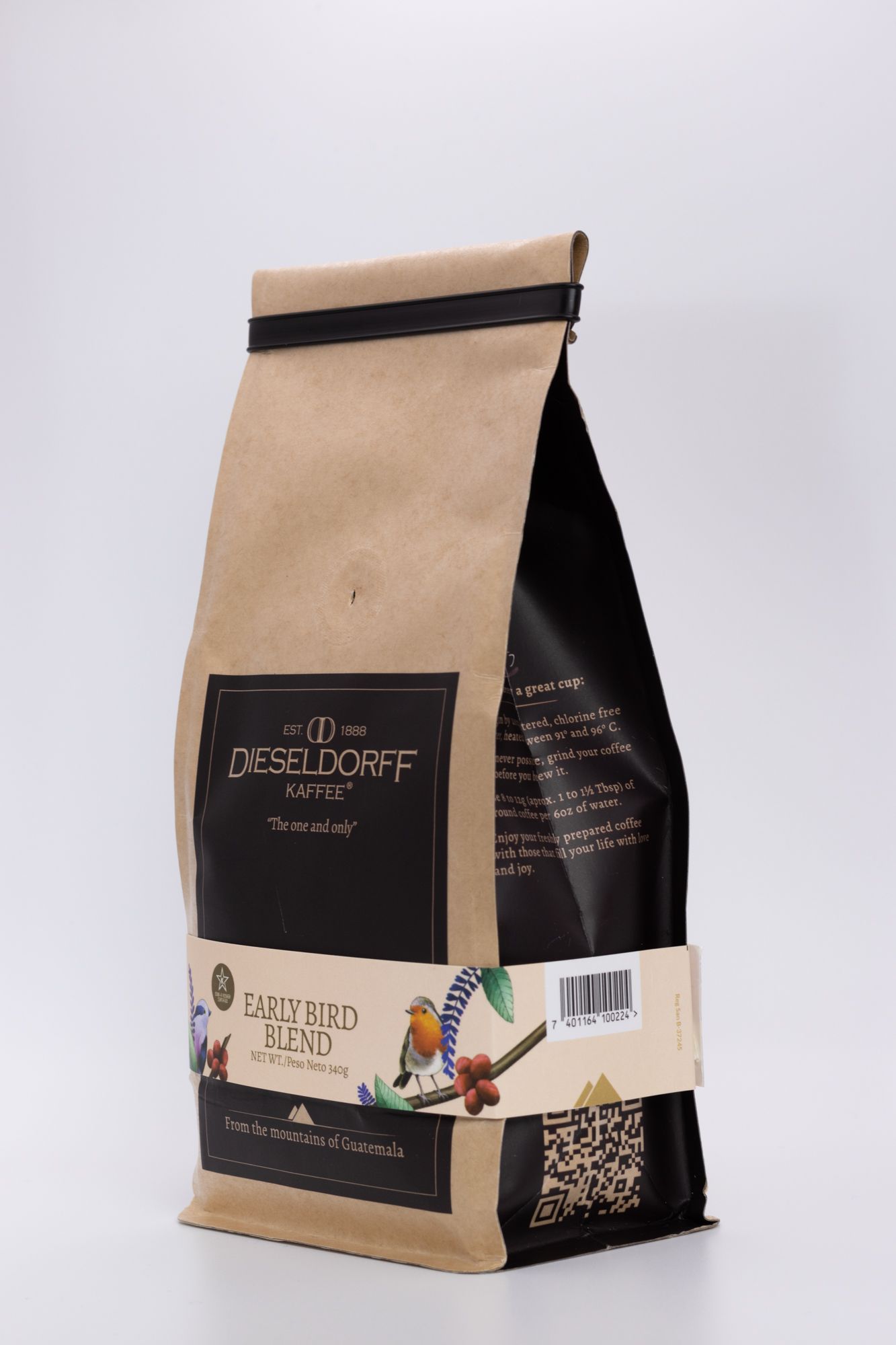 Kraft paper coffee bags with Dieseldorff Early Bird Blend branding displayed at different angles.