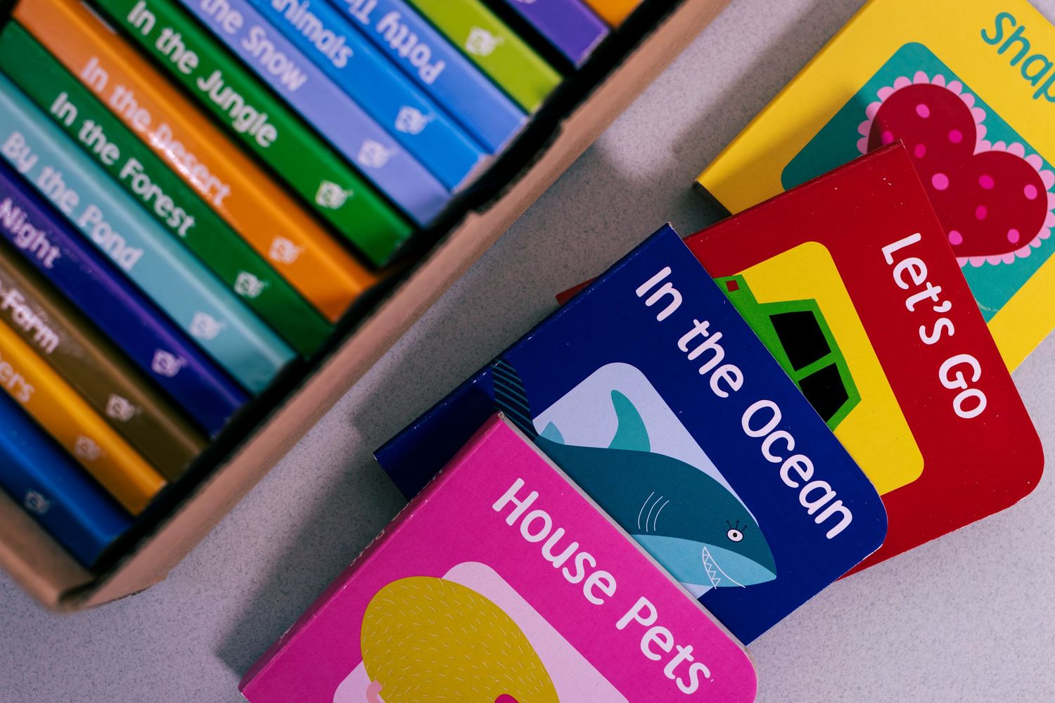 Colorful children's board books including House Pets, In the Ocean, and Let's Go titles arranged on a surface.