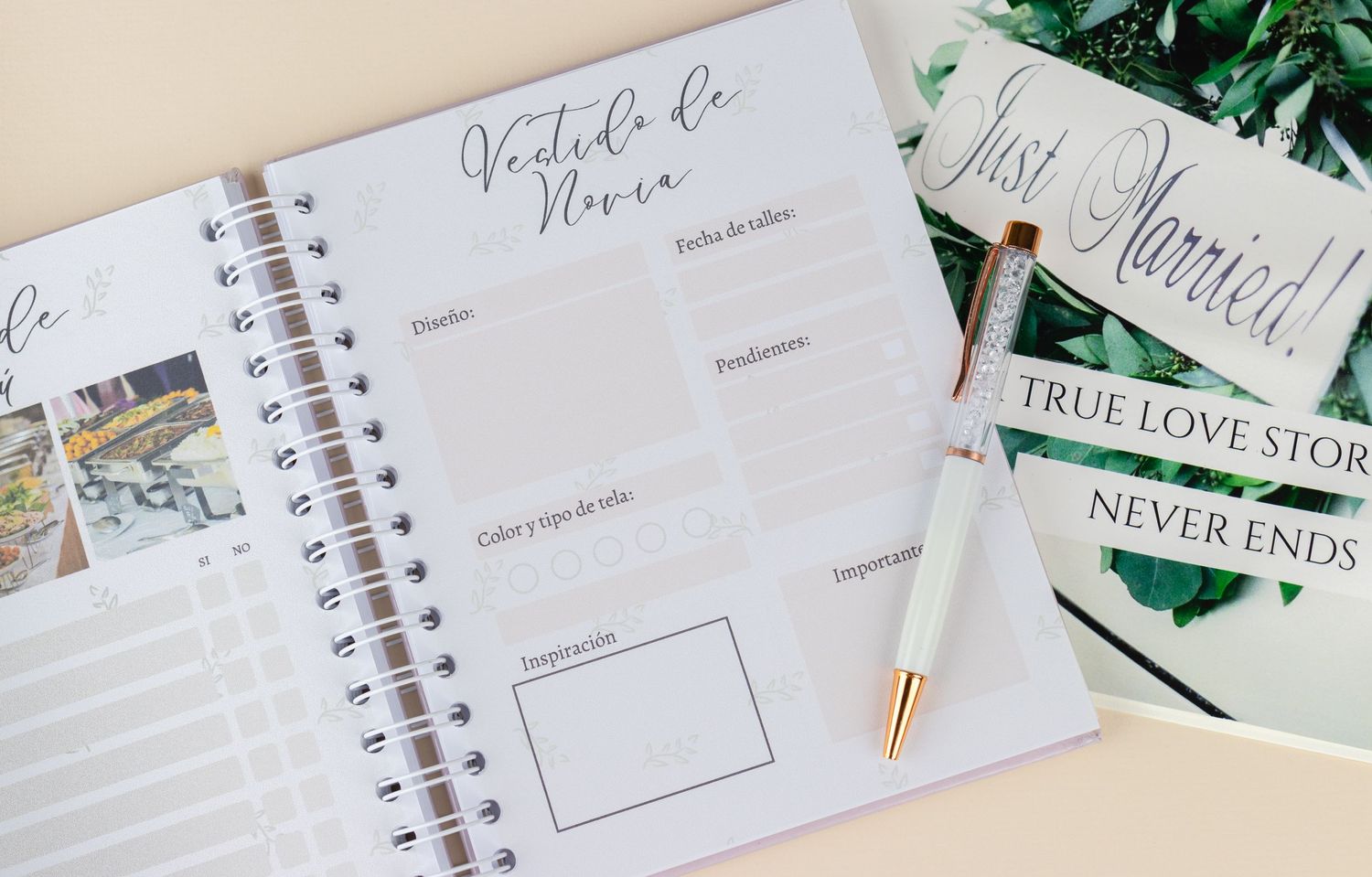 Collection of open planners and notebooks with decorative elements on beige surface.