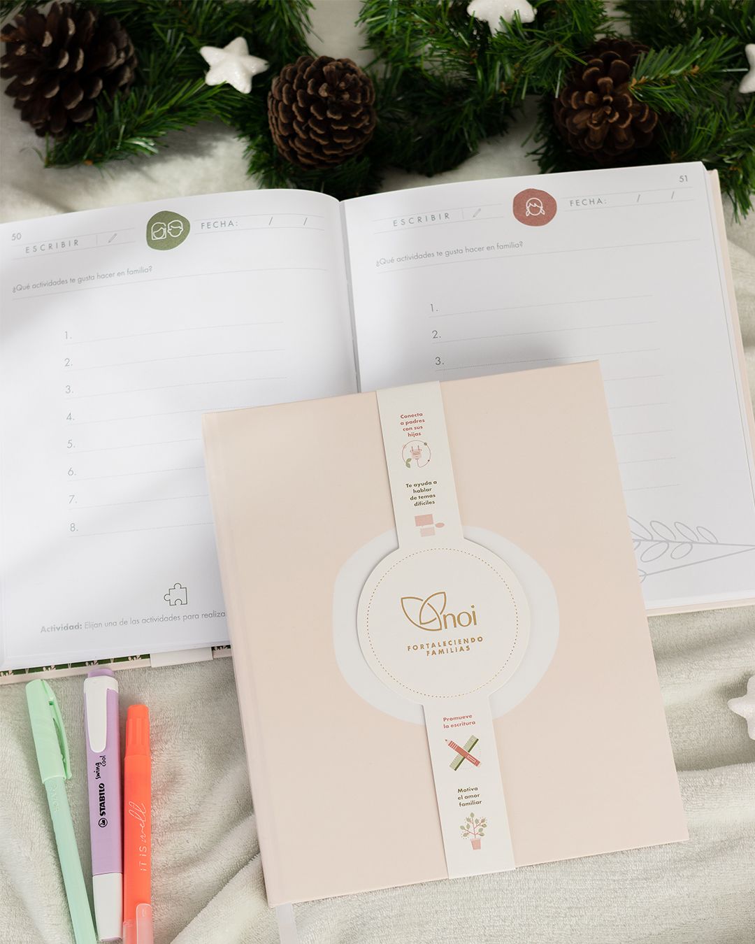 Choi planner notebook with pastel highlighters, open diary pages, pine cones, and green branches on a soft background.