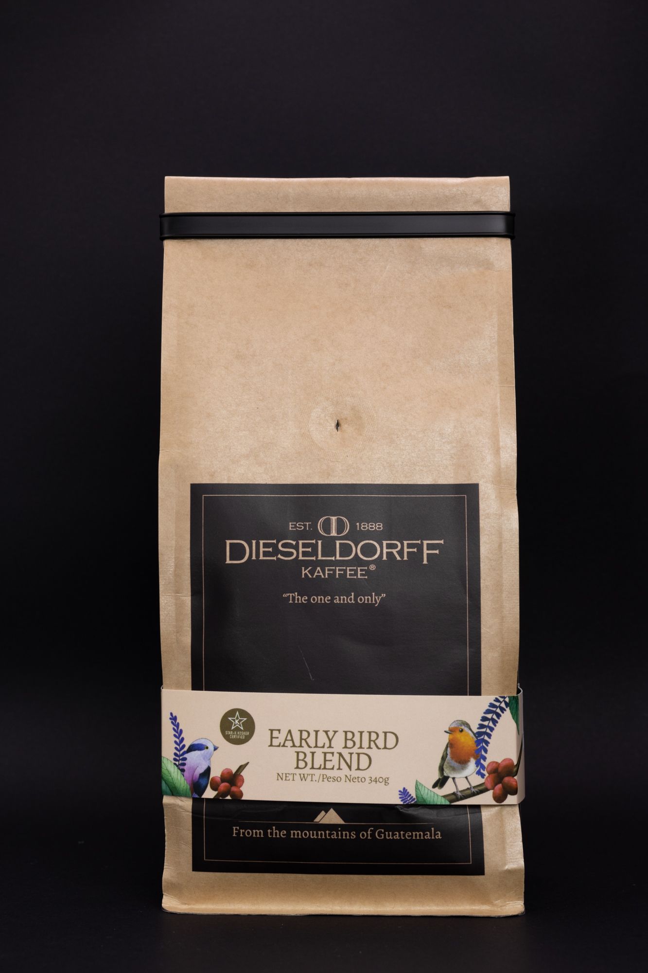 Dieseldorff coffee brand Early Bird Blend packaging on dark background.