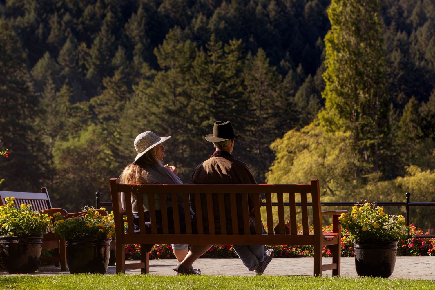 A couple sits together on a wooden bench overlooking a scenic mountain landscape on a sunny autumn day.