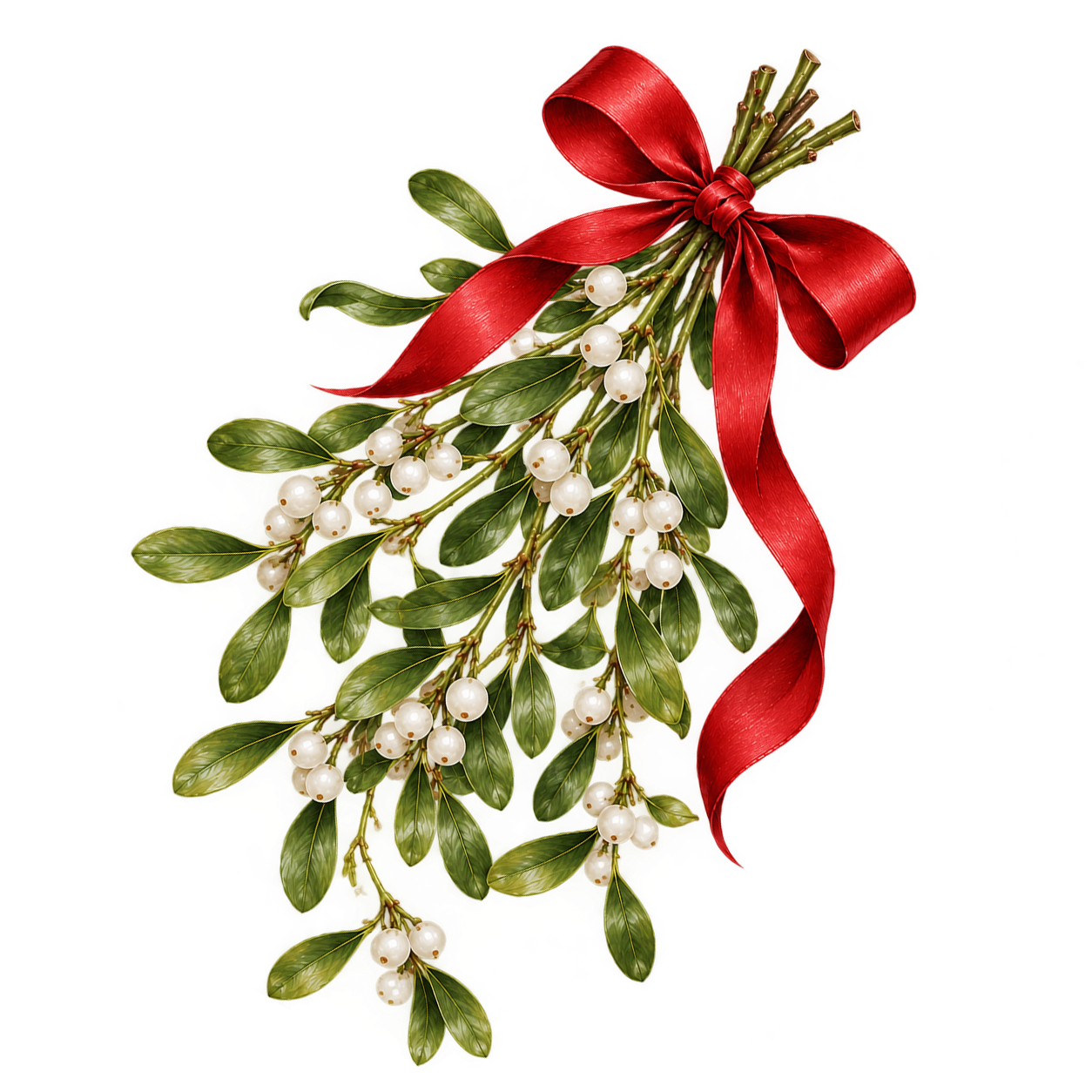 Christmas mistletoe sprig with green leaves and white berries tied with a red satin ribbon bow on a white background.