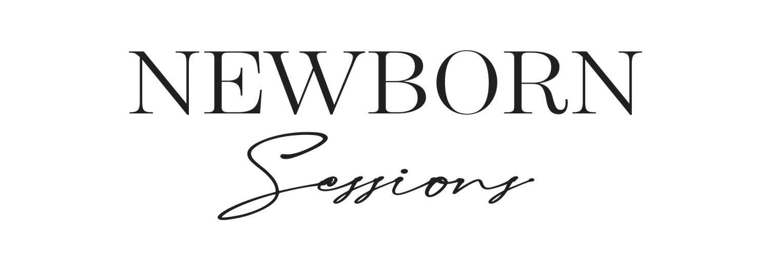 Elegant newborn sessions typography logo with serif and script fonts on white background.