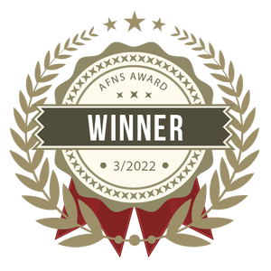 AFNS Award Winner badge for March 2022, featuring gold laurel wreath, stars, and red bow ribbon.