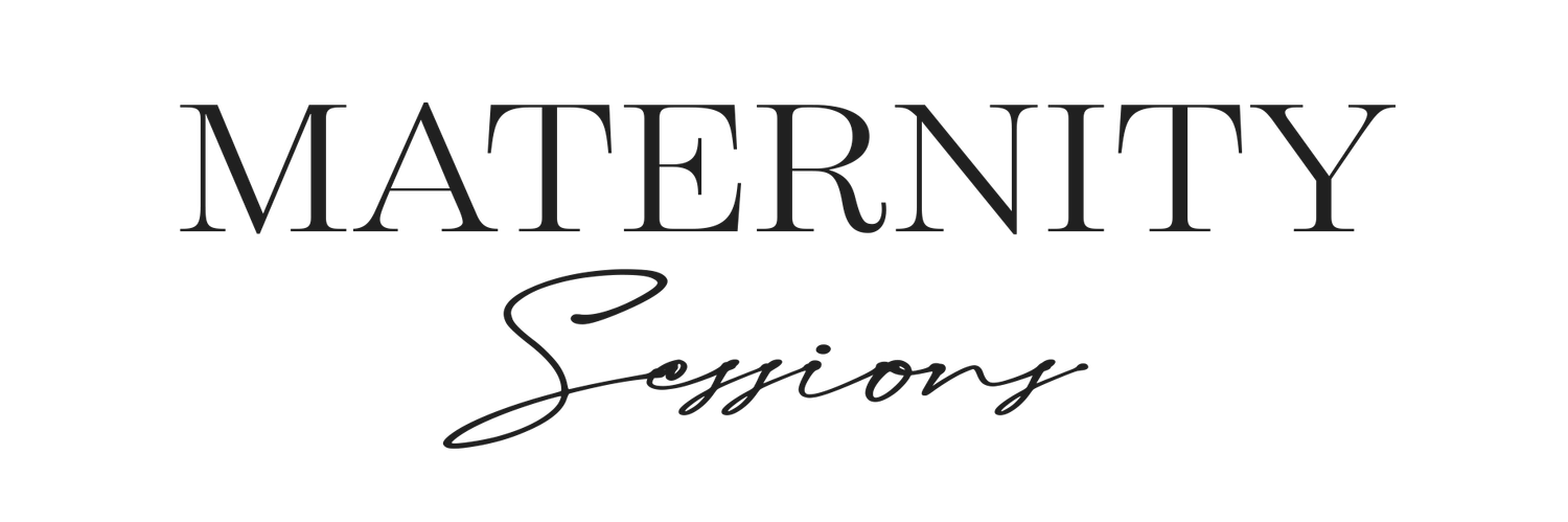Elegant black and white text logo reading Maternity Sessions in serif and script fonts.