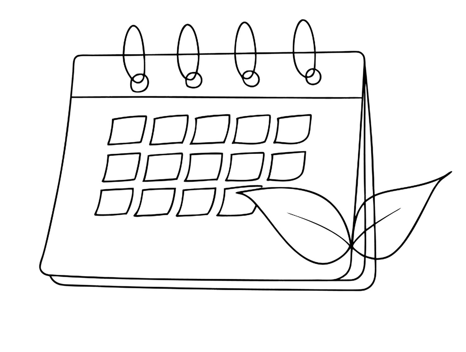 Line art drawing of a desk calendar with grid squares and decorative leaves, minimalist black and white illustration.