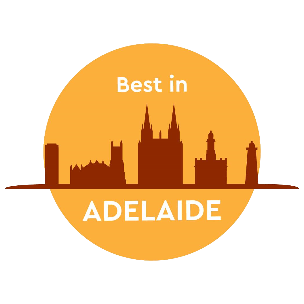 Best in Adelaide badge featuring a golden circle with a brown city skyline silhouette and bold text.