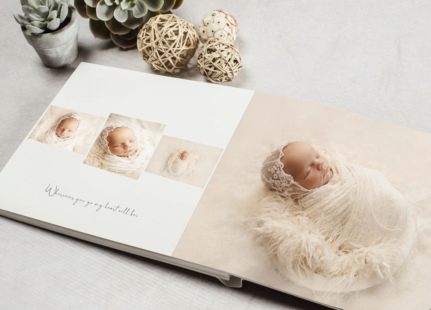 A newborn baby wrapped in cream fabric displayed in an open photo book with multiple infant portraits.