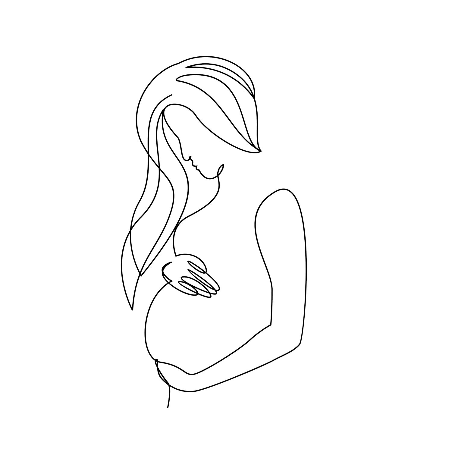 Minimalist one-line drawing of a pregnant woman cradling her baby bump, elegant continuous line art illustration.