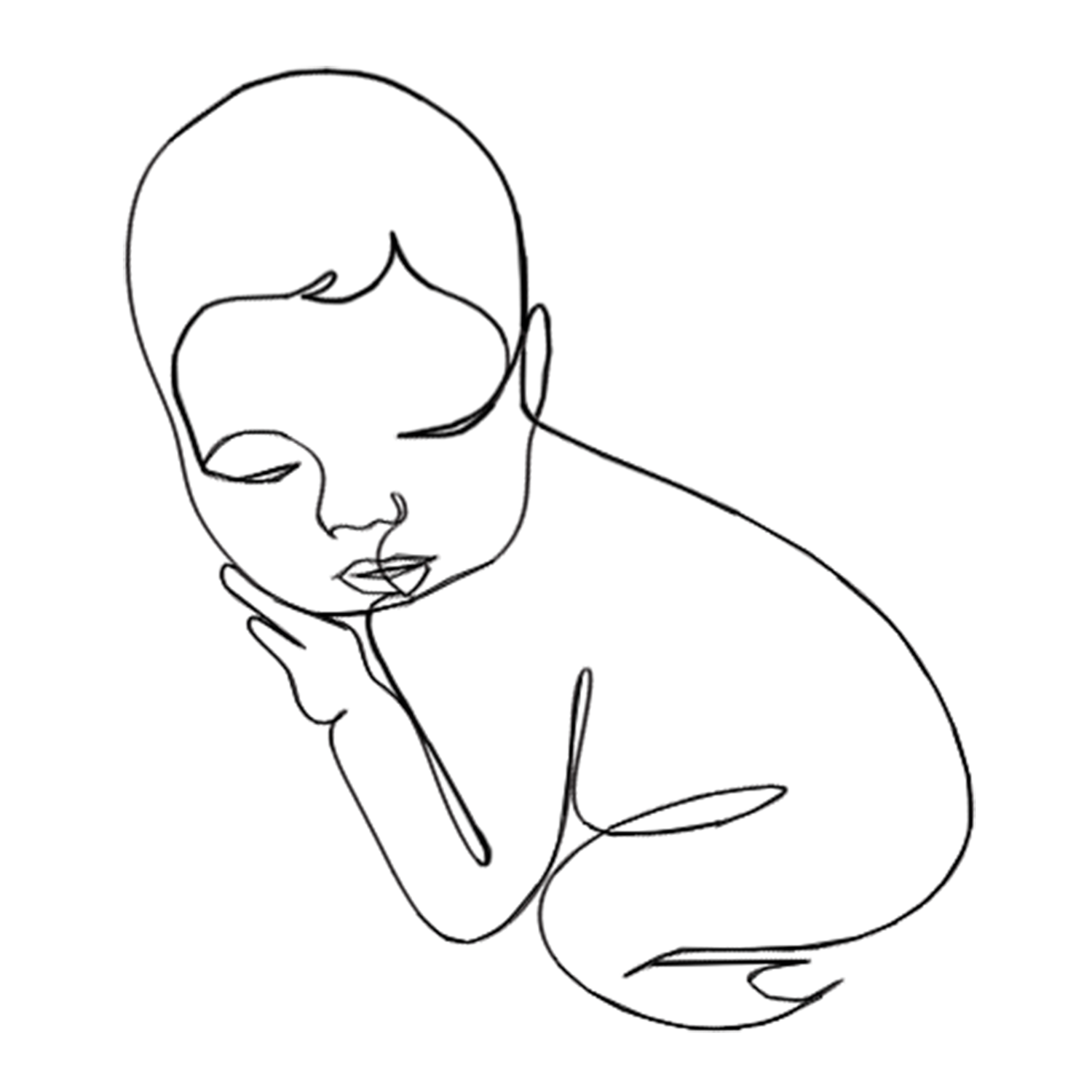 Minimalist one-line drawing of a contemplative person in a curled pose, hand near chin, in black and white art style.