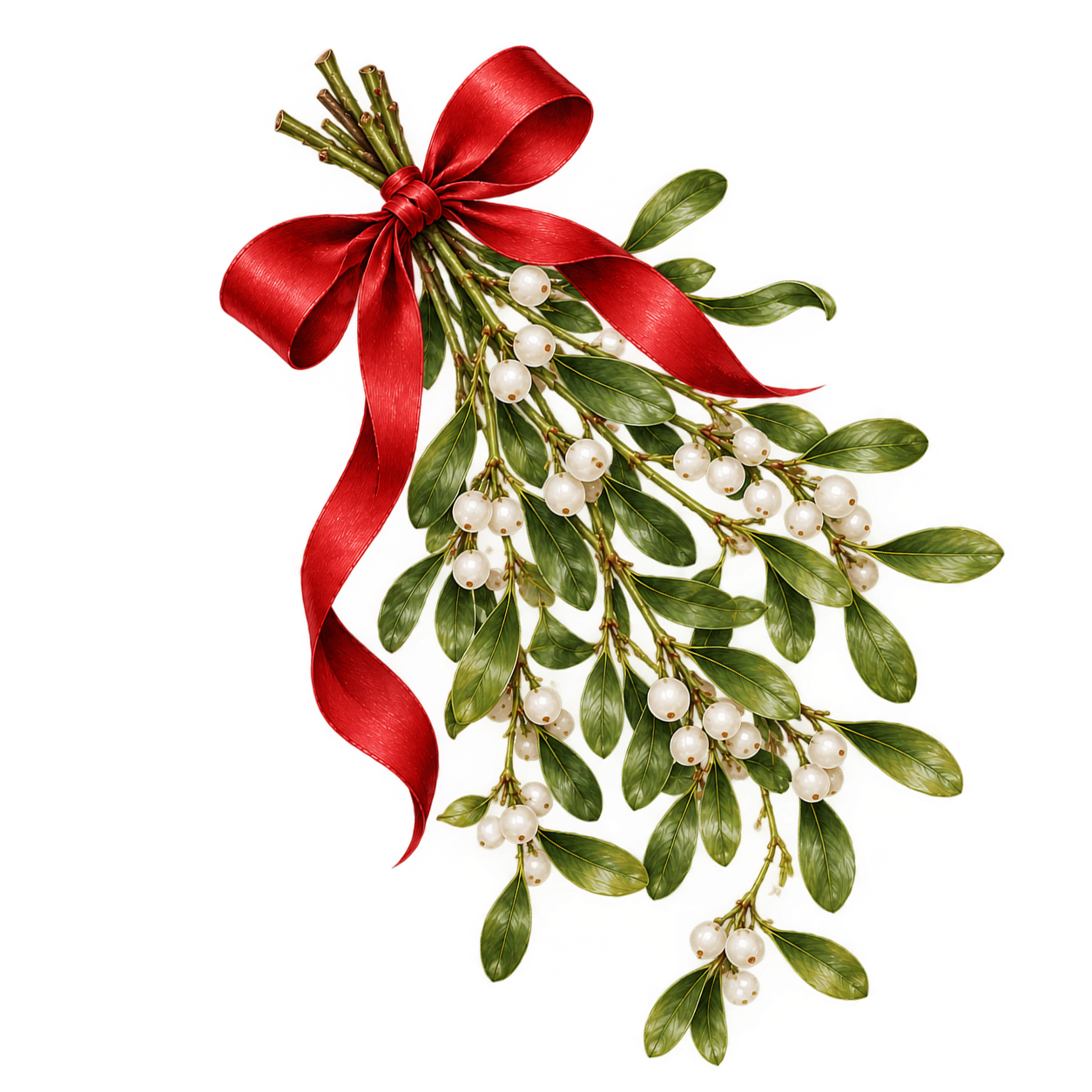 Mistletoe sprig with green leaves and white berries tied with a red satin ribbon bow, a classic Christmas holiday decoration.
