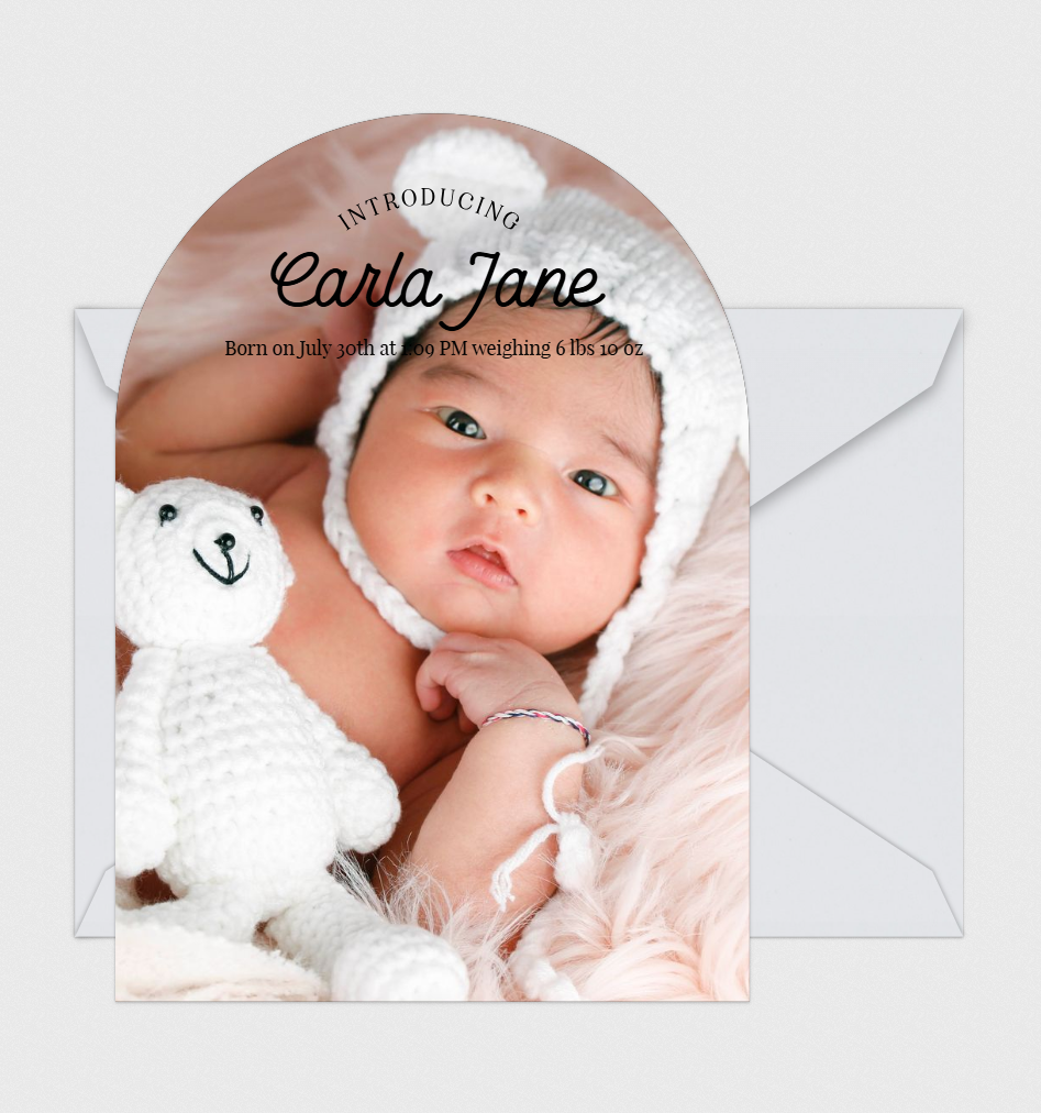 Baby girl birth announcement card featuring newborn Carla Jane with a stuffed bear, born July 20th weighing 6 lbs.