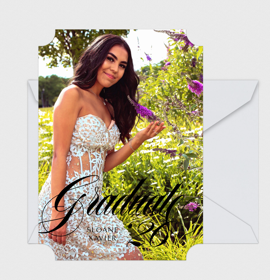Graduation announcement card featuring a young woman in a lace dress among purple flowers with elegant script text.