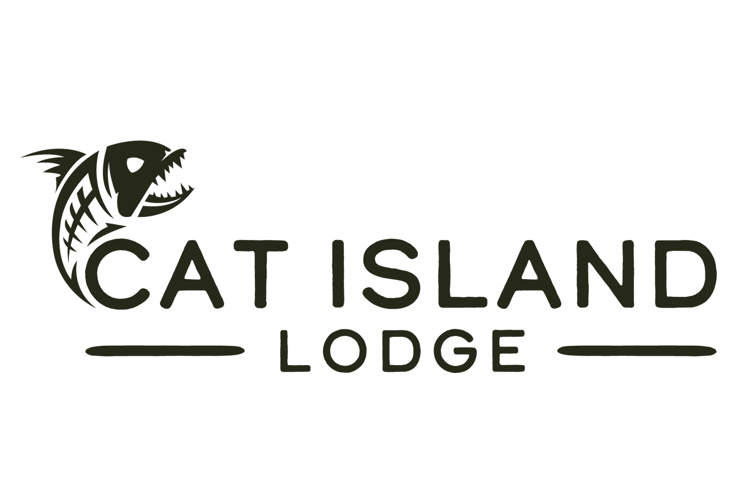 Black and white logo design for Cat Island Lodge featuring a stylized fish illustration above text.