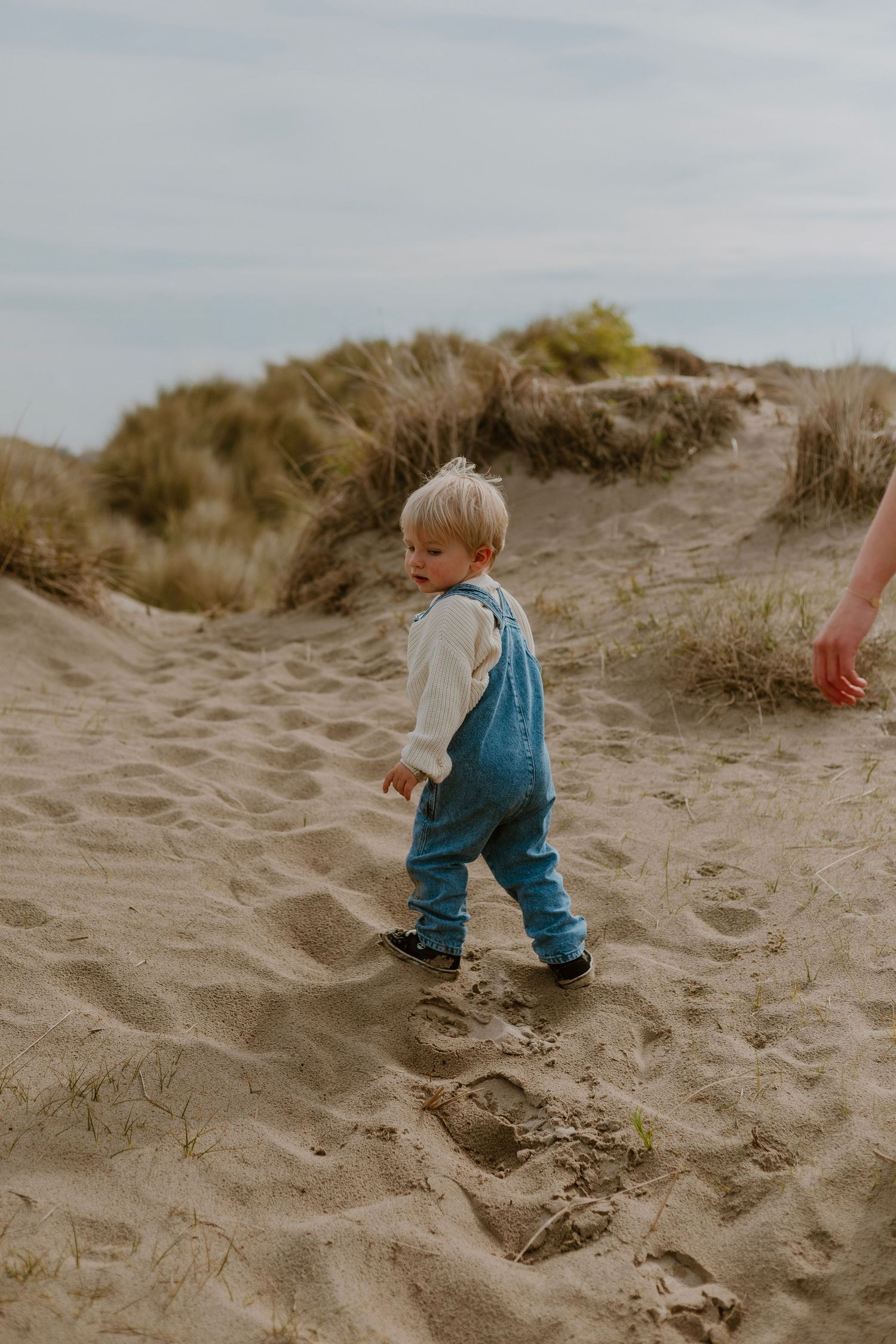 Toddler in blue overalls and white shirt walking on sandy beach dunes with grass in background.