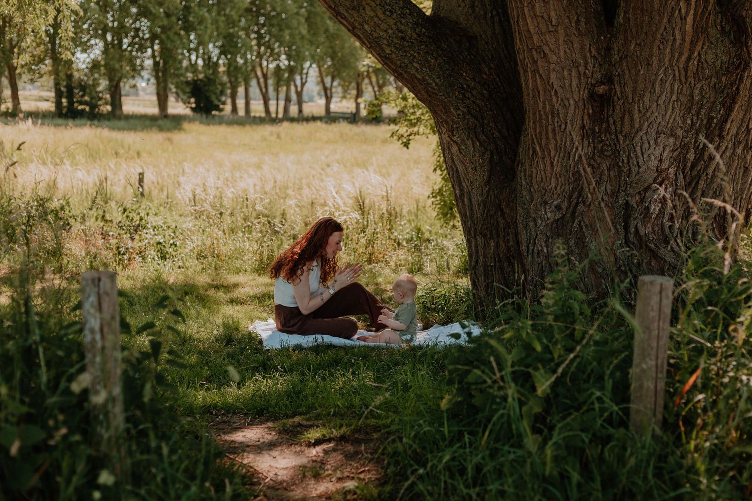 A woman with red hair sits on a blanket under a large tree in a lush green meadow on a sunny day.