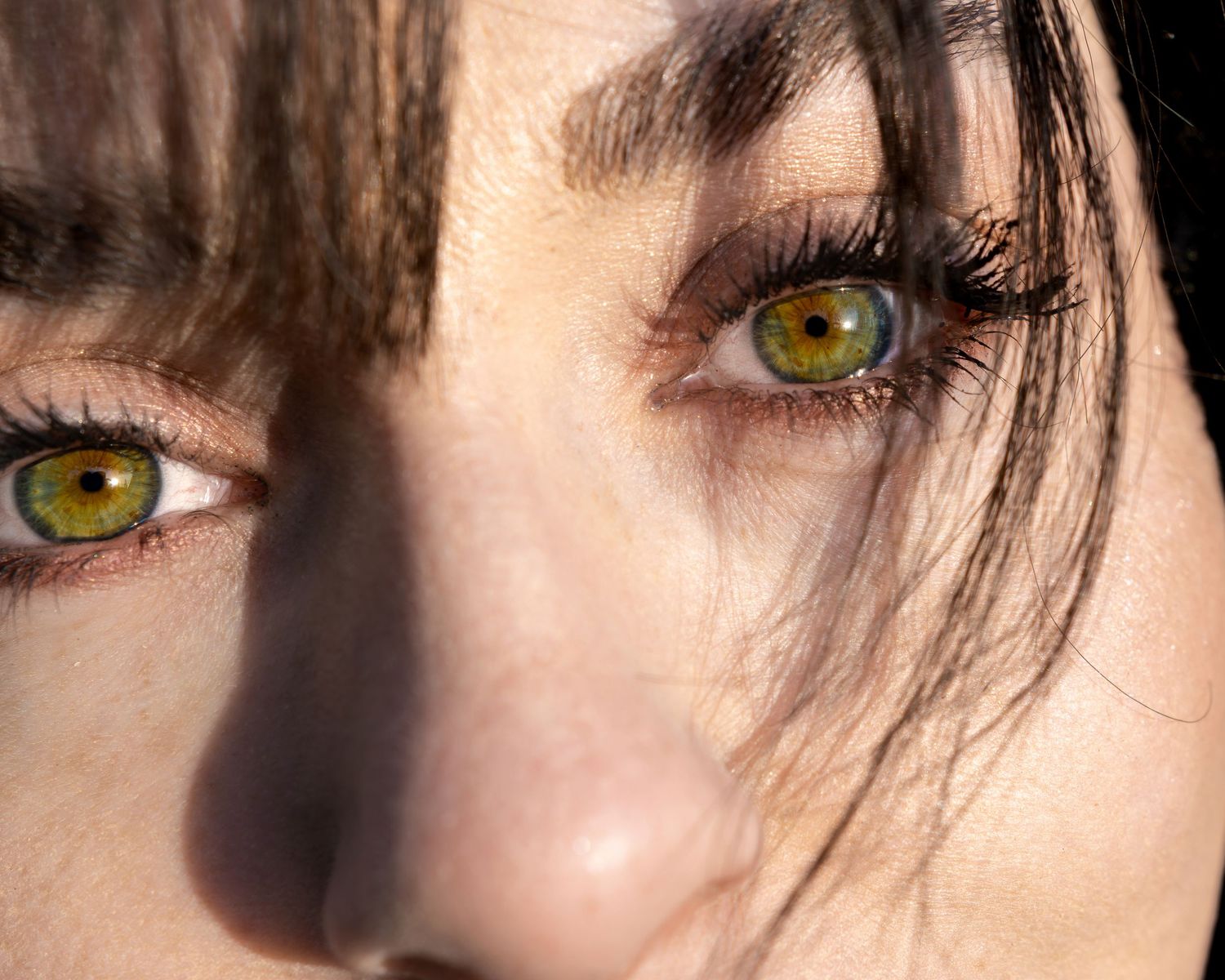 Close-up of a woman's striking green eyes with long lashes, framed by brown hair in natural sunlight.
