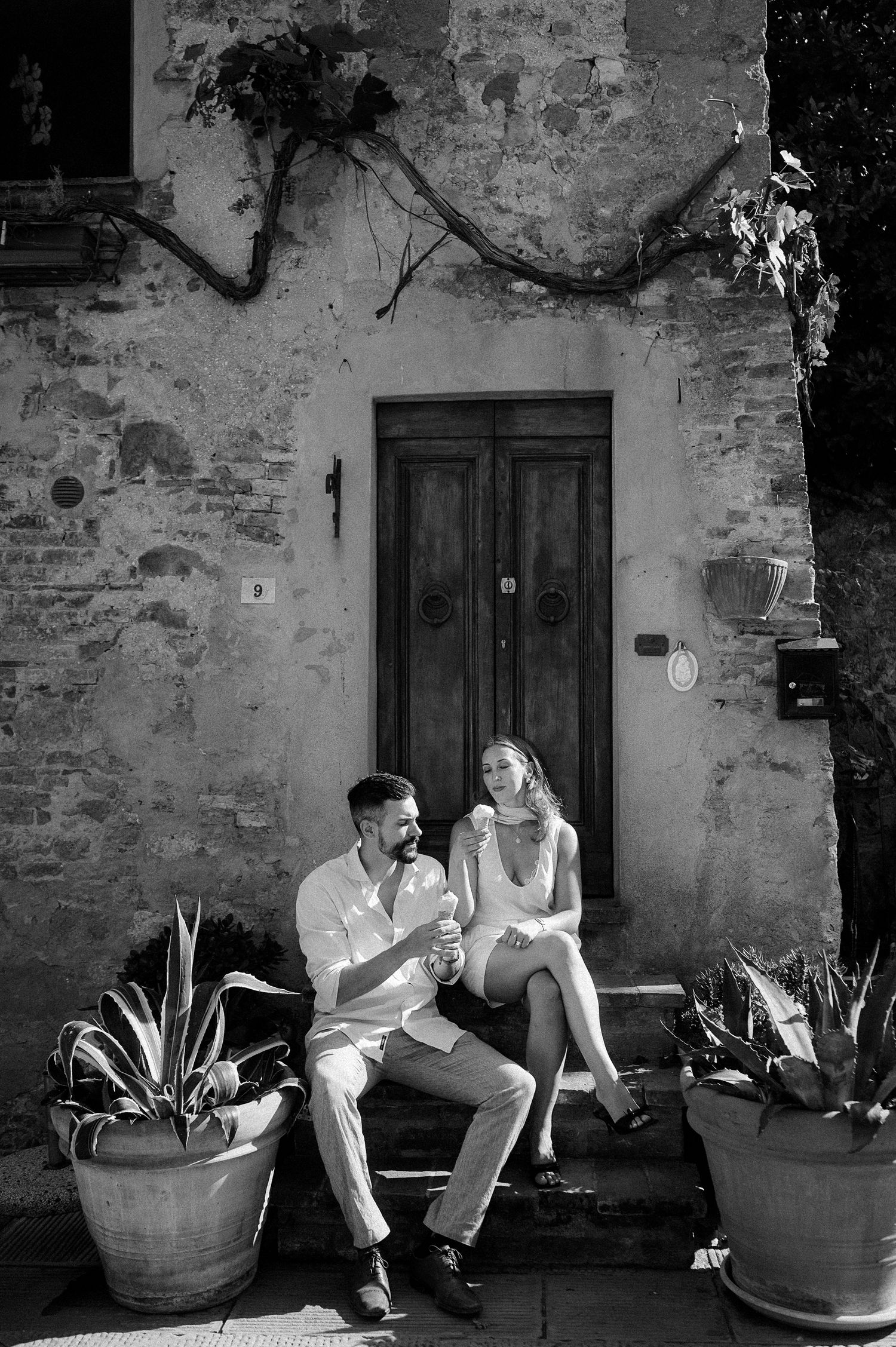 Intimate couple portrait during a Tuscany engagement session with gelato