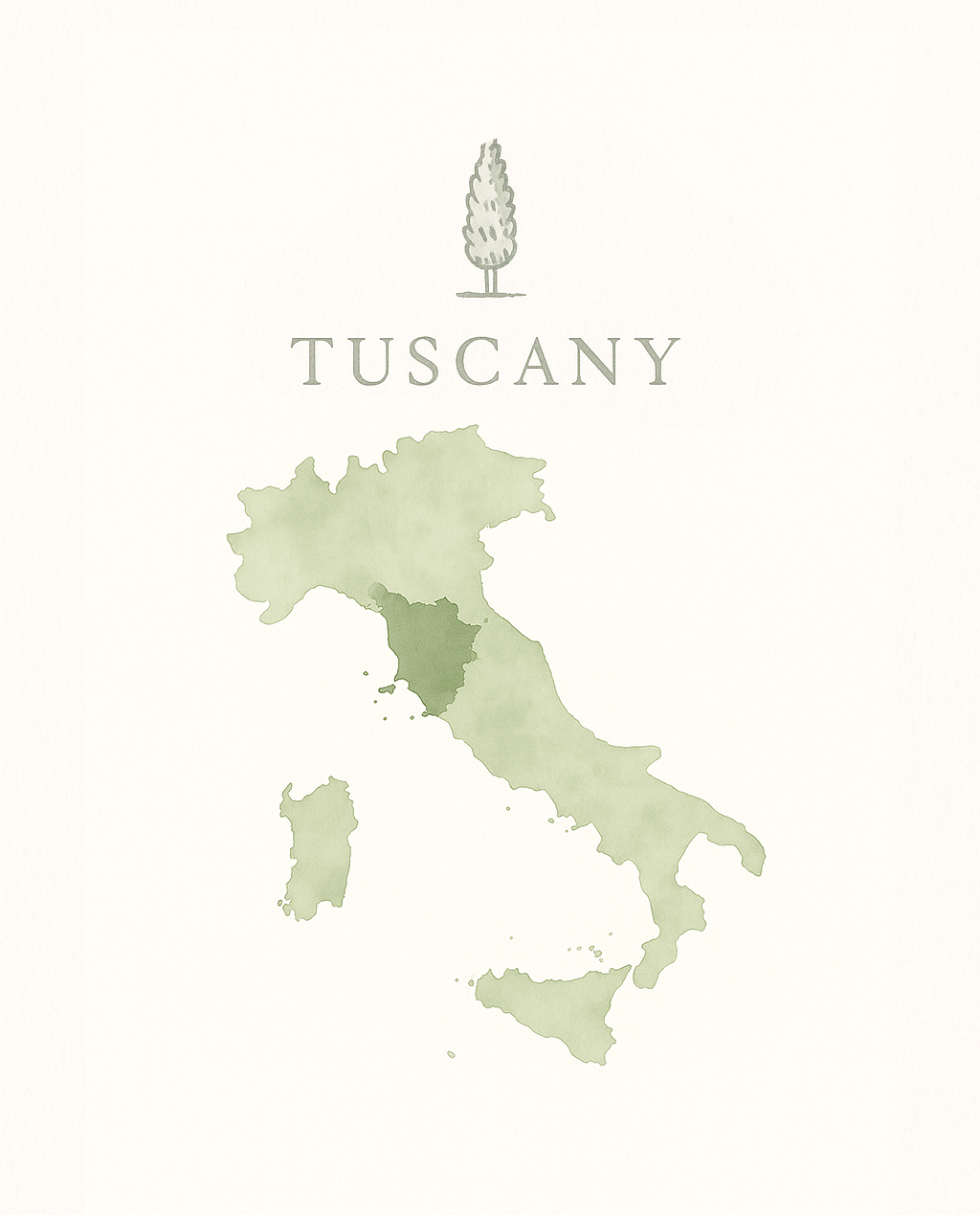 Illustrated map of Italy highlighting Tuscany