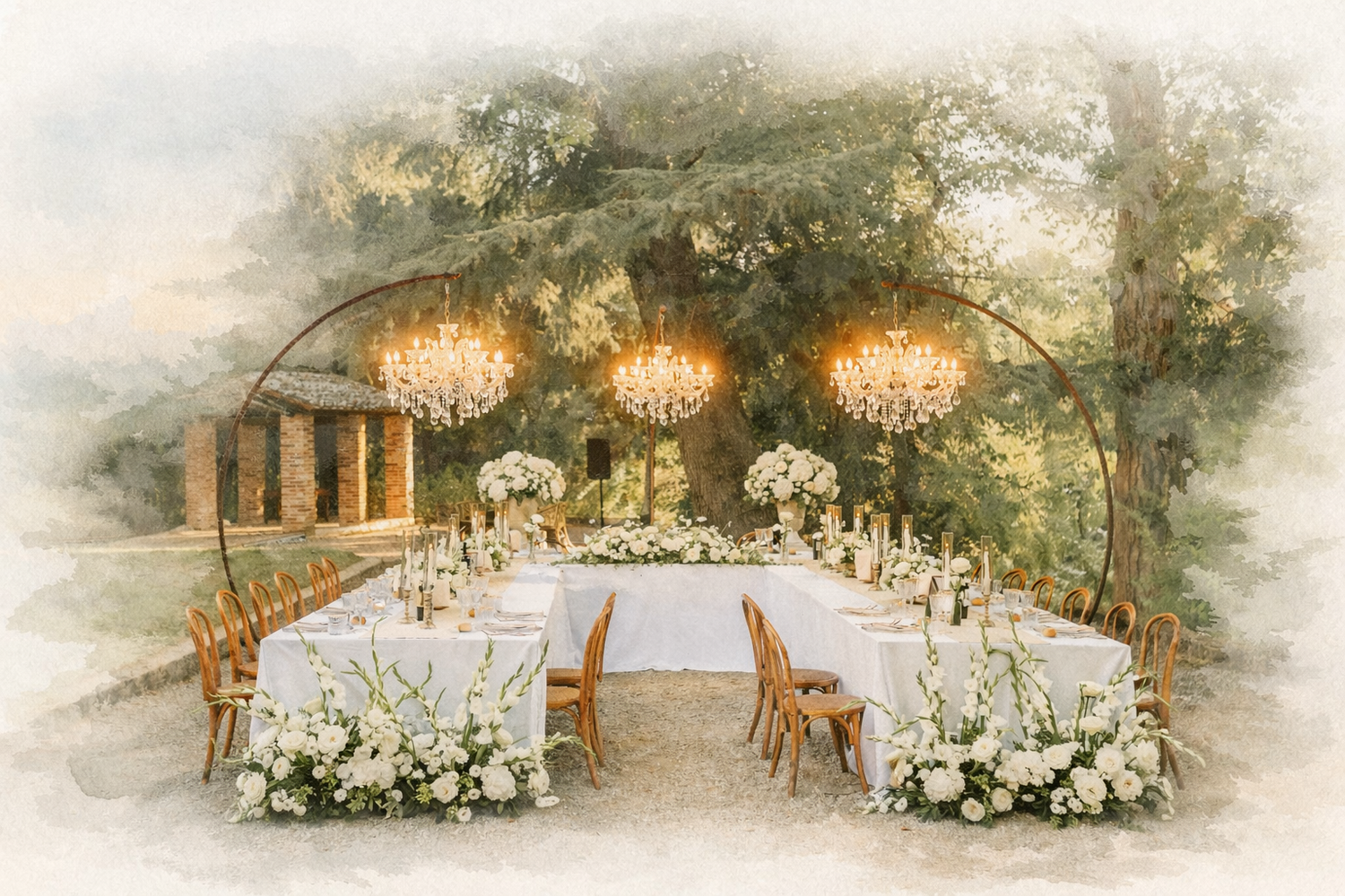 Elegant outdoor wedding table setup surrounded by greenery, floral arrangements, and warm hanging lights in a romantic garden setting.