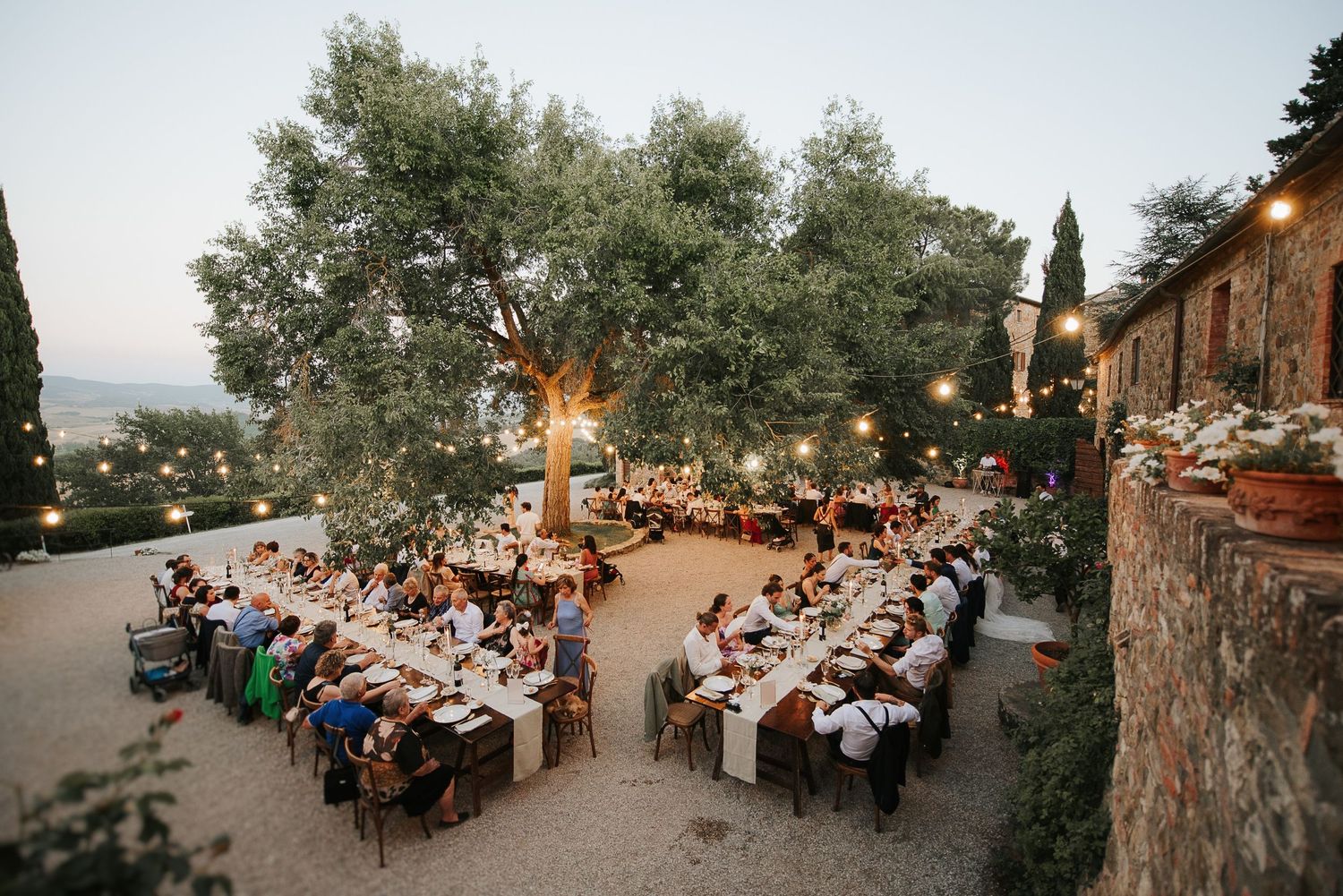 Outdoor wedding reception set among olive trees during a luxury wedding in Tuscany