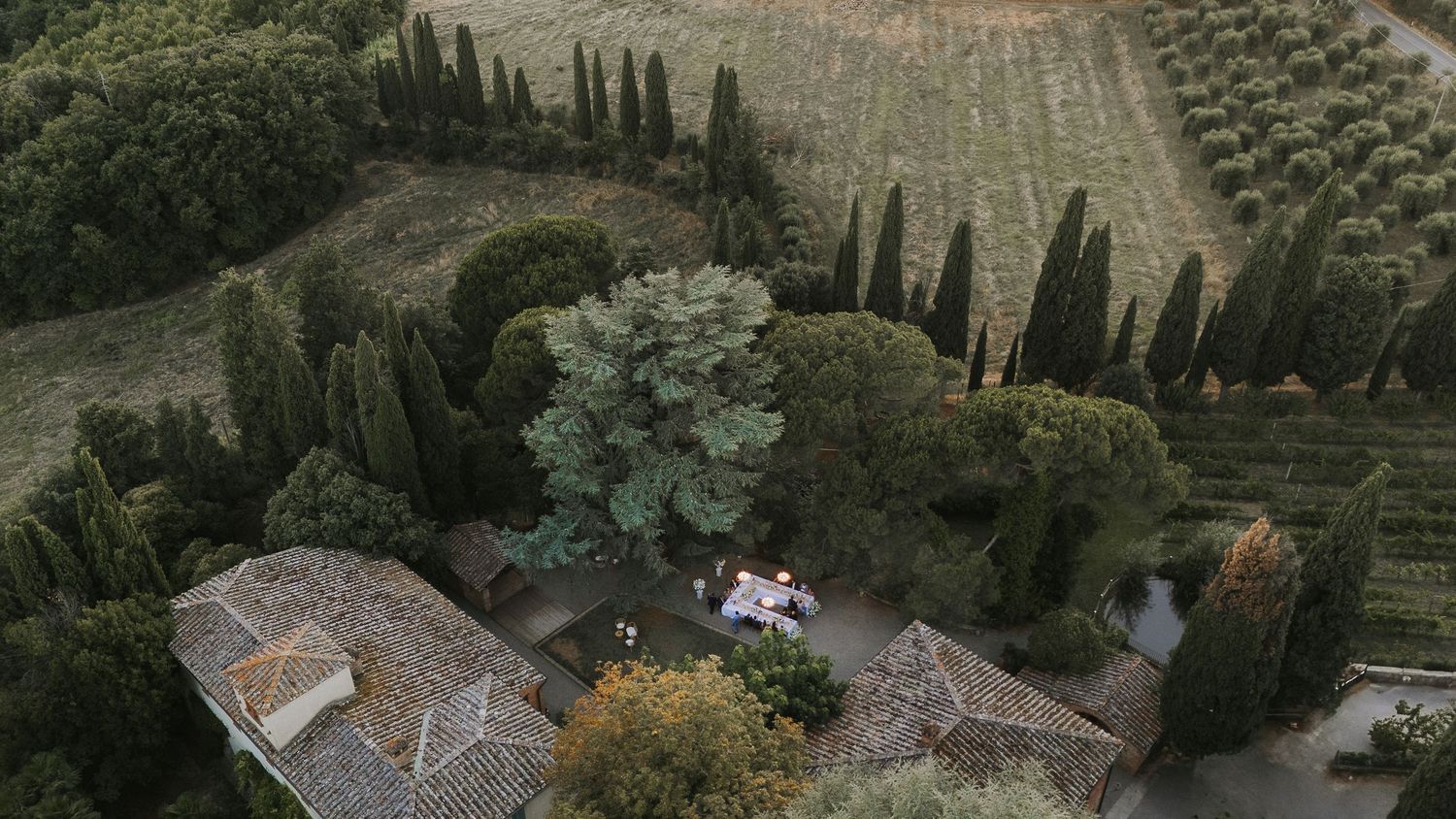 Aerial view of Tuscany wedding venue surrounded by countryside