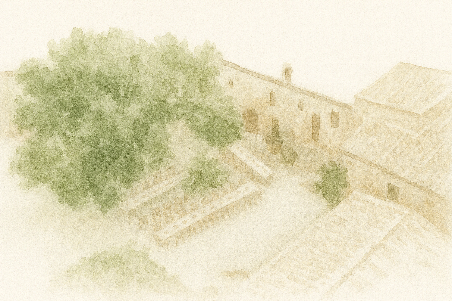 Watercolor illustration of a Tuscan villa surrounded by nature