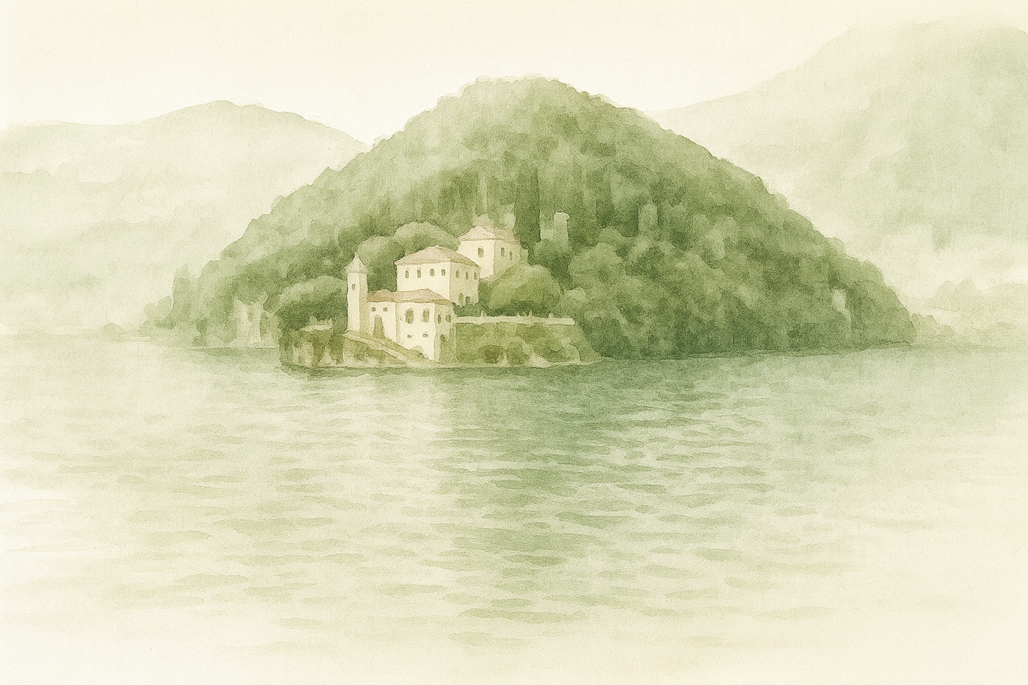 Watercolor illustration of a small island on Lake Como surrounded by soft green hills