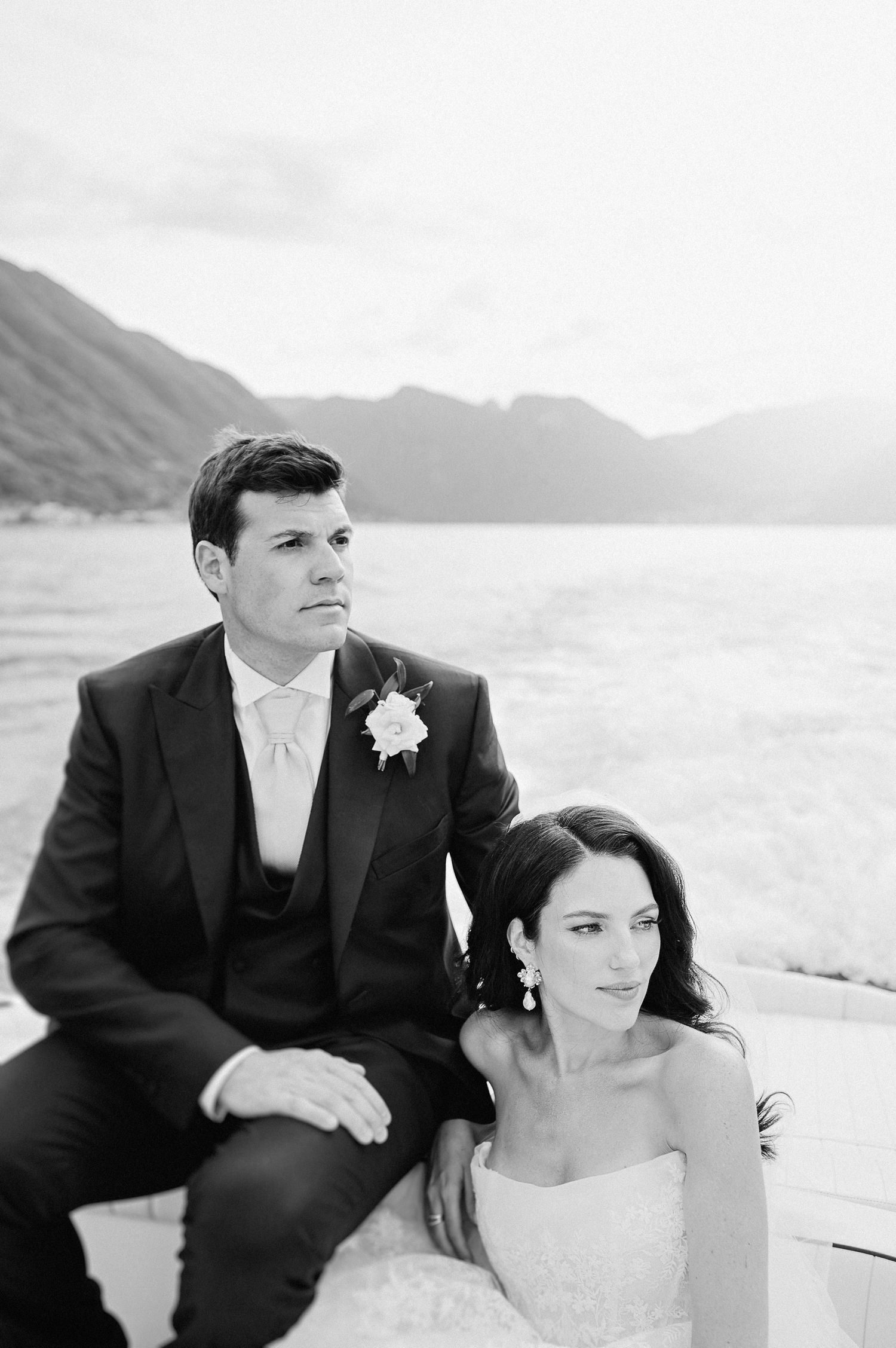 Black and white portrait from a luxury Lake Como wedding, highlighting elegance and timeless connection