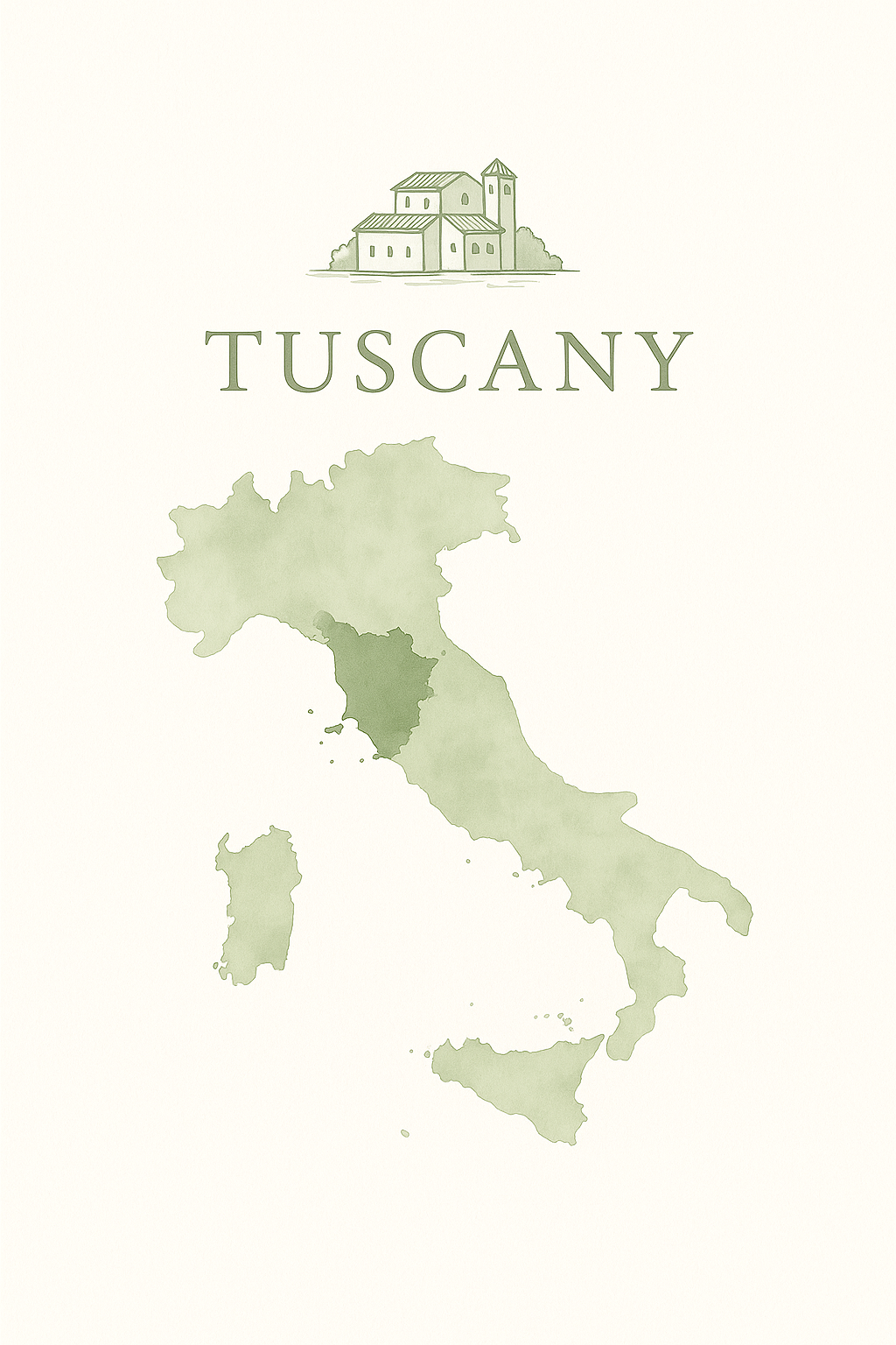 Minimal illustrated map of Italy focused on Tuscany