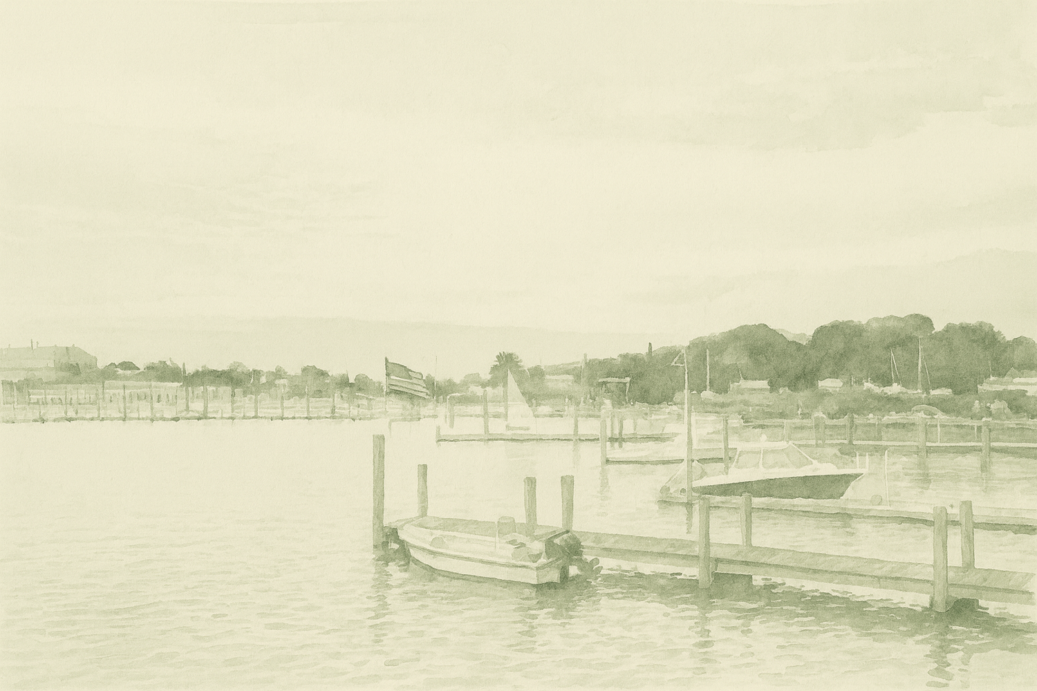 Watercolor illustration of a quiet marina with boats and calm water