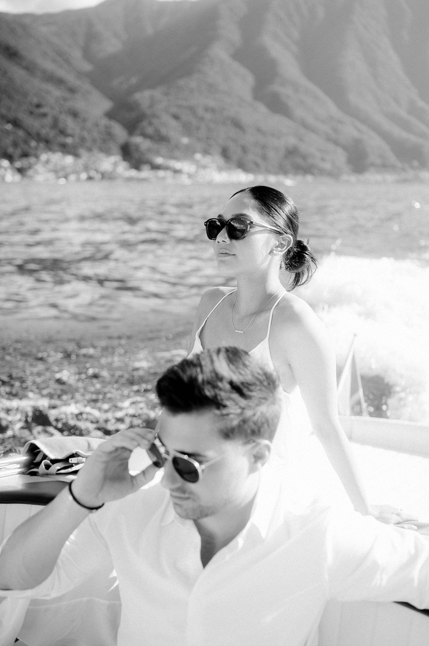 Black and white couple portrait during Lake Como elopement on the water