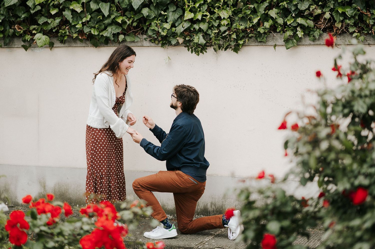 Marriage proposal in Florence Tuscany with couple in garden