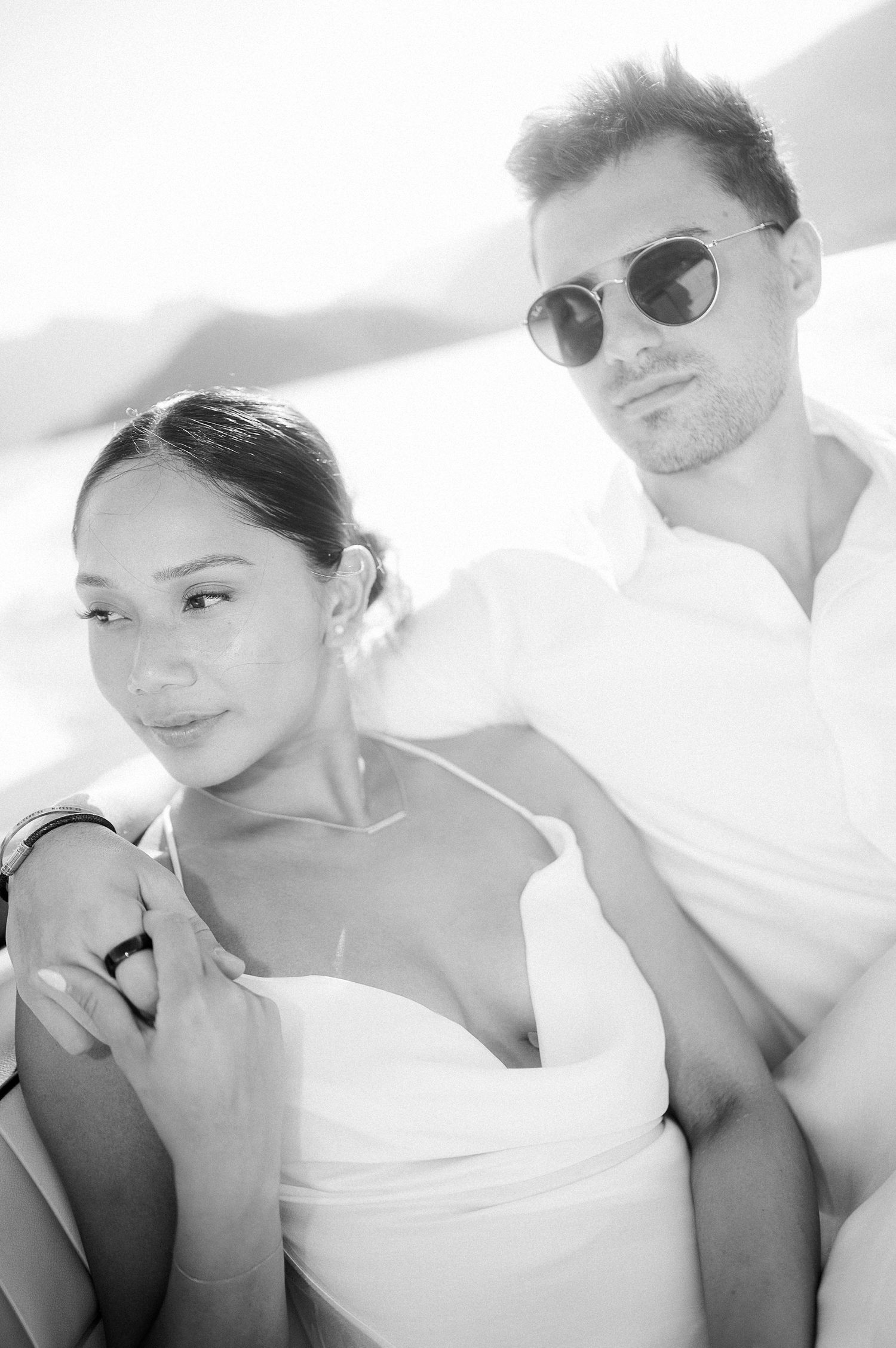 Editorial black and white couple portrait on a boat during a luxury Lake Como wedding