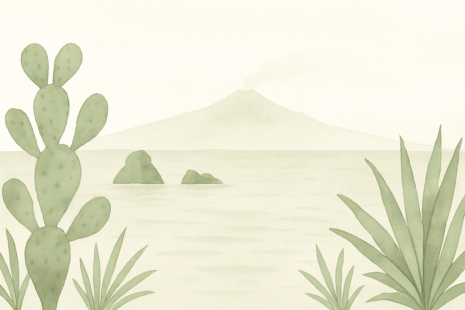 Watercolor illustration of a Mediterranean landscape with cacti and sea