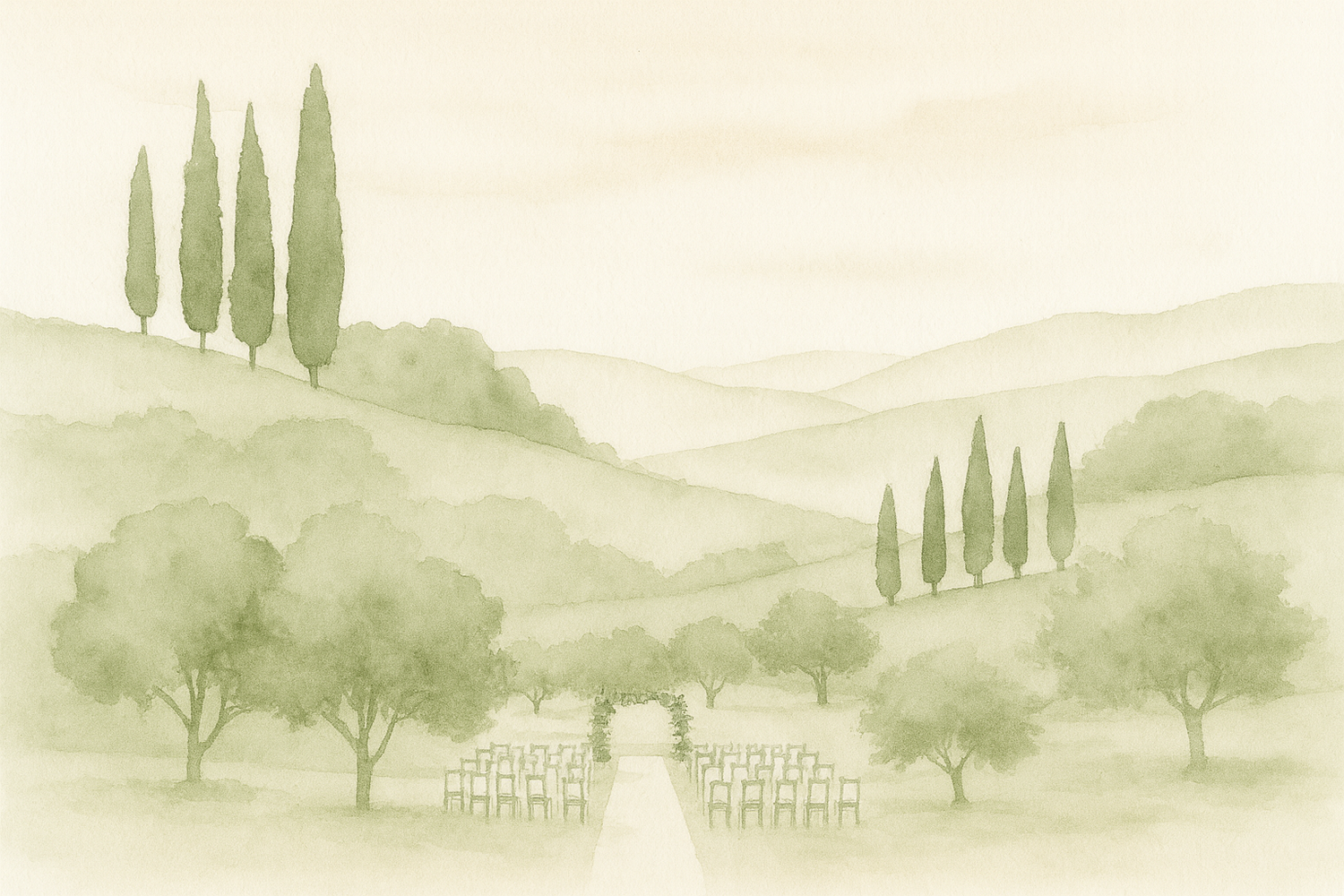 Watercolor illustration of the Tuscan countryside with rolling hills and cypress trees