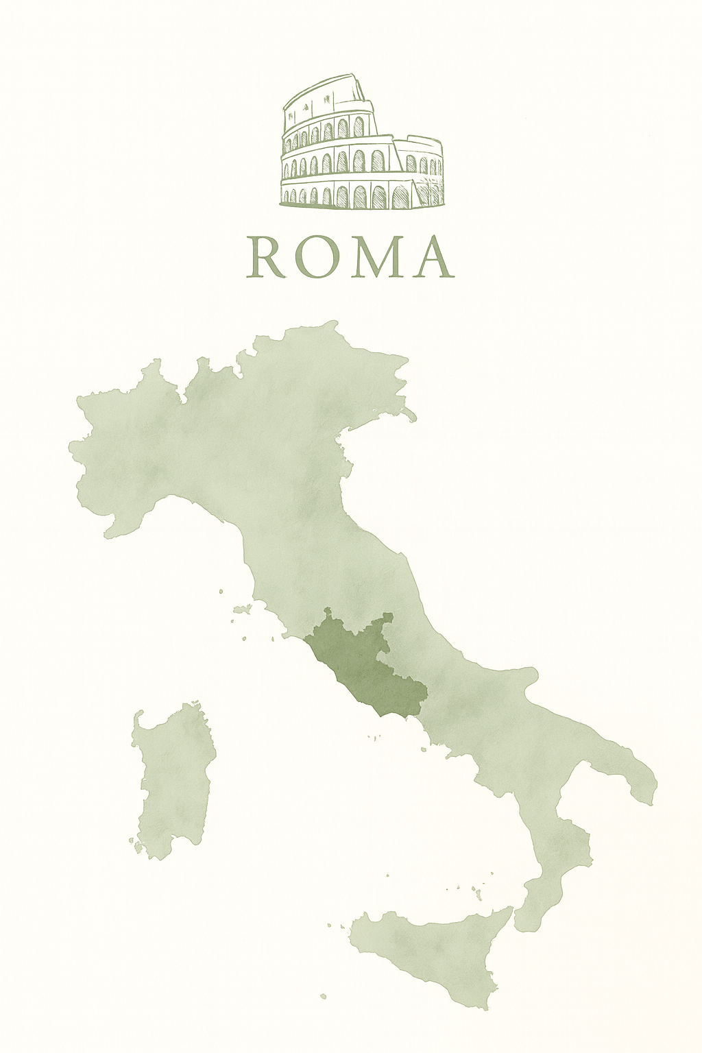 Minimal illustrated map of Italy highlighting Rome
