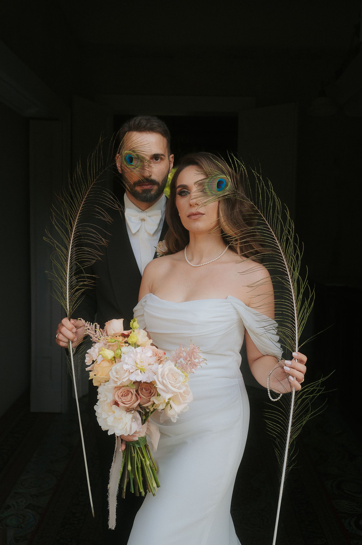Fashion-inspired portrait of a couple during an elegant destination wedding in Italy
