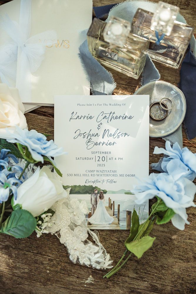 Flat lay for a wedding at Camp Waziyatah in Waterford, Maine at captured by illuminate the stars Photography