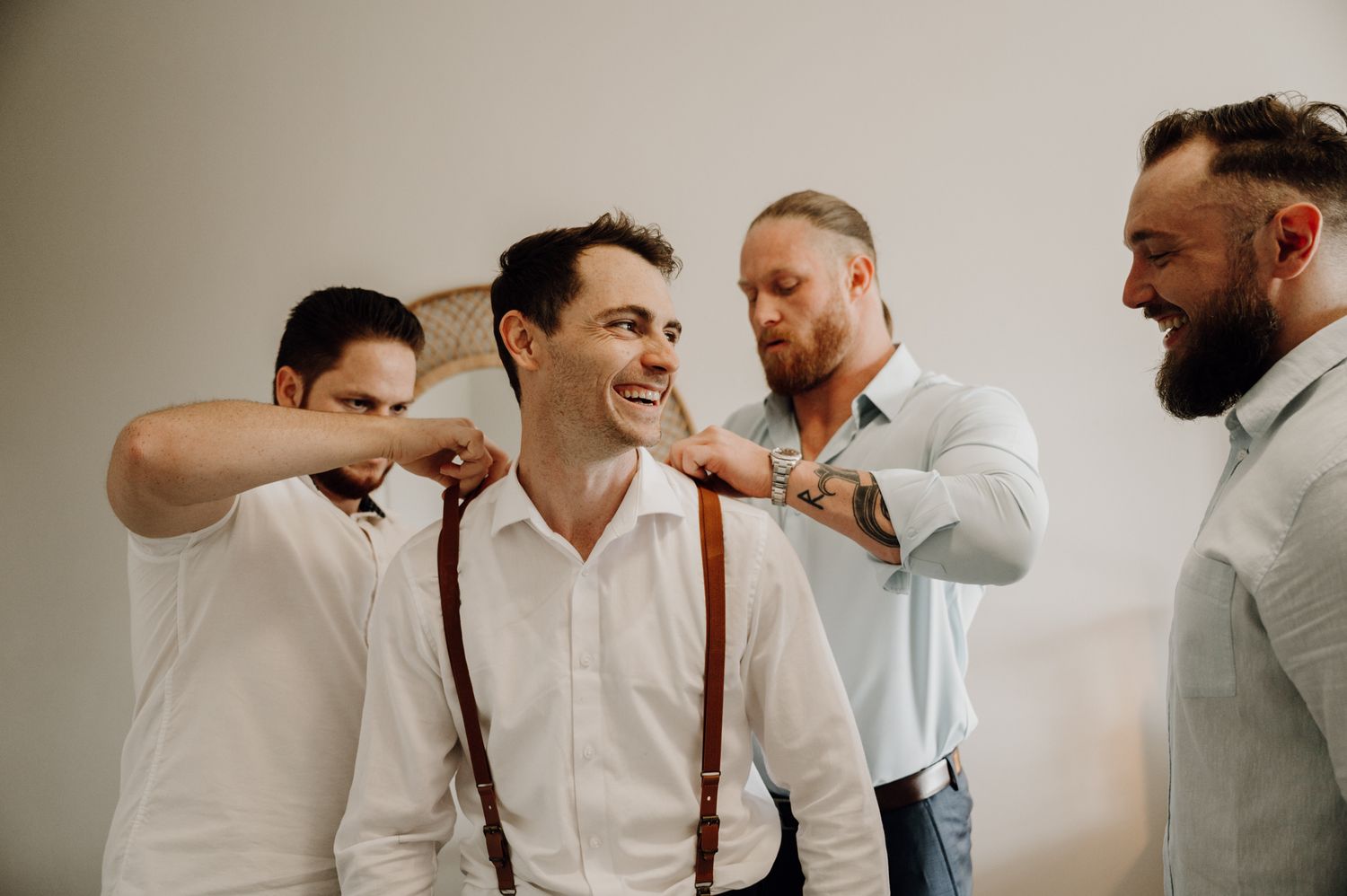 groom groomsmen getting ready wedding portrait contemporary documentary Richard's Bay KwaZulu Natal South Africa Plain Blue Wedding Photo