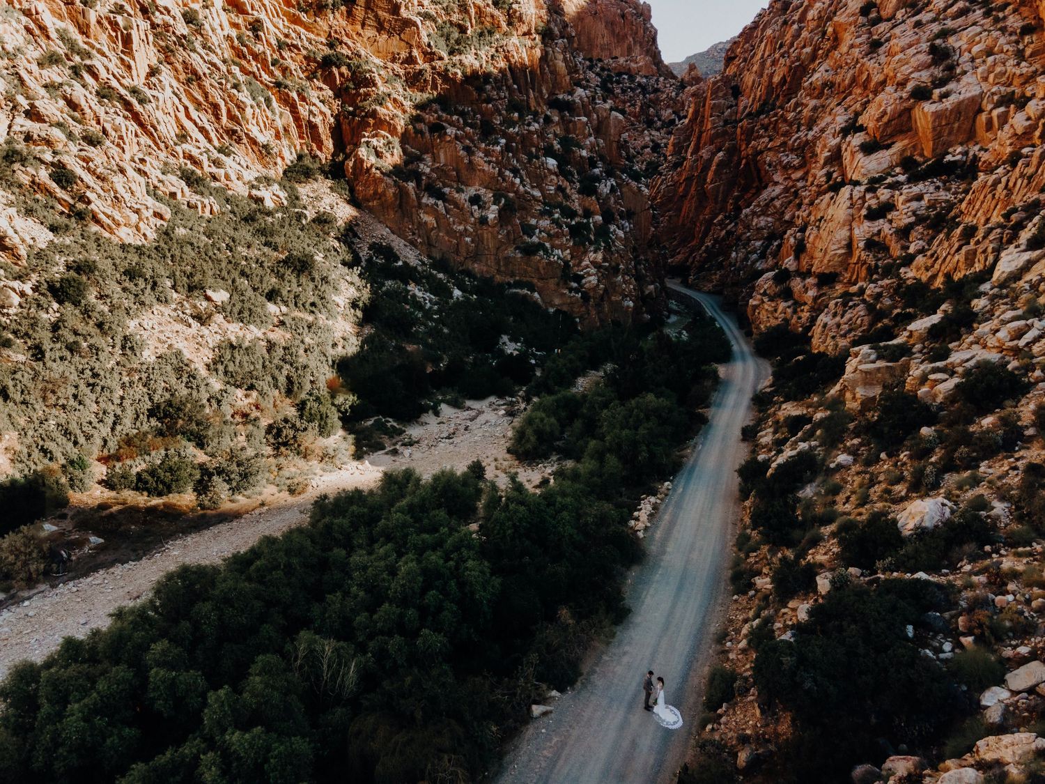 Wedding couple drone aerial portrait in the Swartberg Pass Prince Albert Karoo