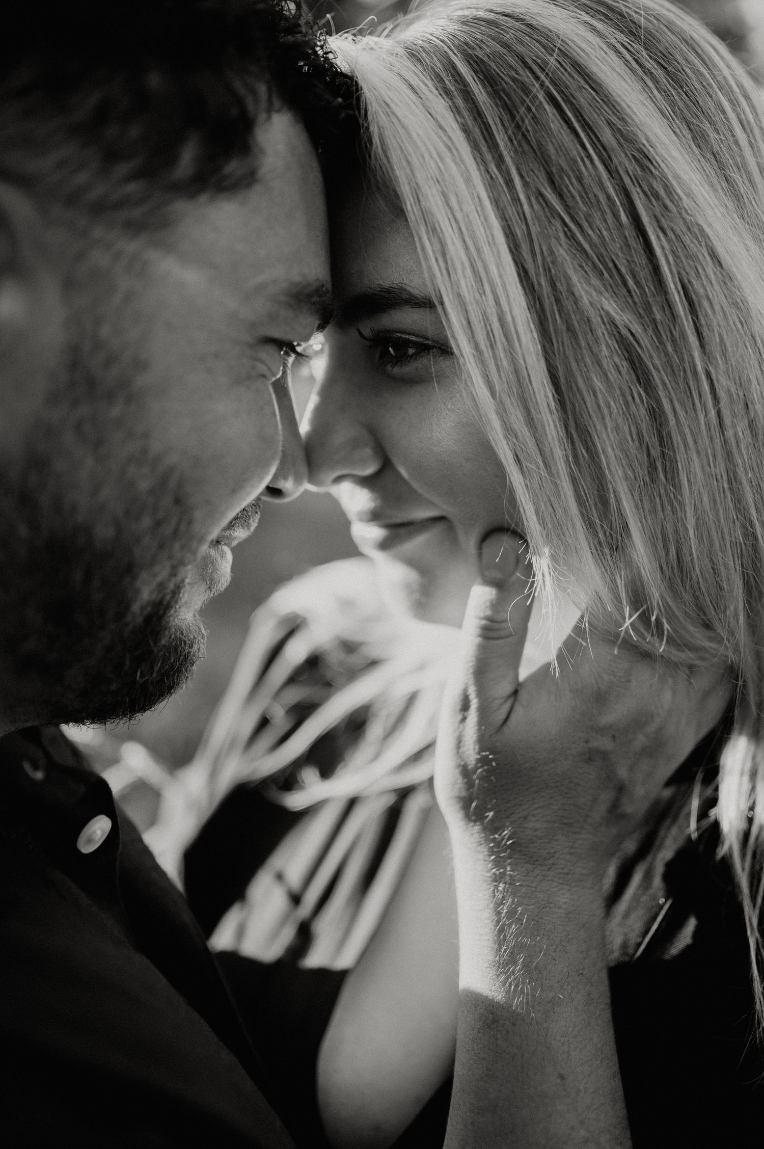 couple engagement portrait session contemporary close-up Eden Forest Stellenbosch South Africa black and white Plain Blue Wedding Photo Film