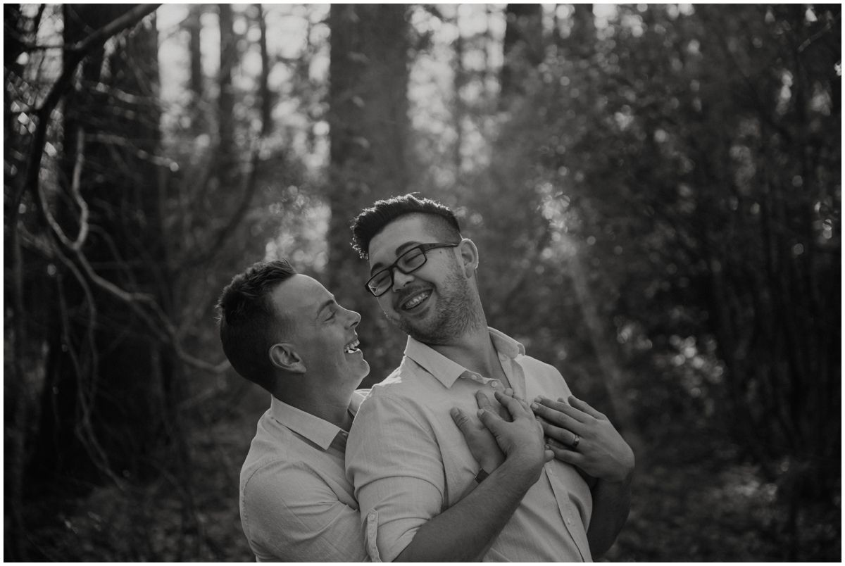 couple portrait lgbtq forest
black and white 
Newlands Forest Cape Town South Africa
Plain Blue Wedding Photo & Film