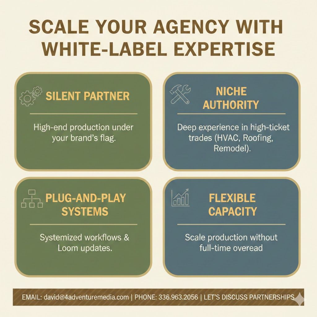 Infographic for 4Adventure Media agency partnerships showing white-label video production and high-ticket trade marketing systems in Greensb